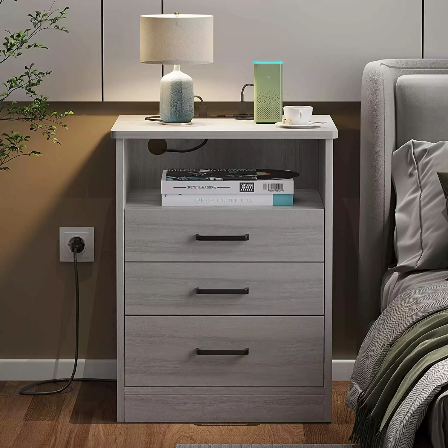 Nightstand 3 Drawers Bedside End Table Storage Cabinet USB Ports Bedroom Living Room Gray Llike