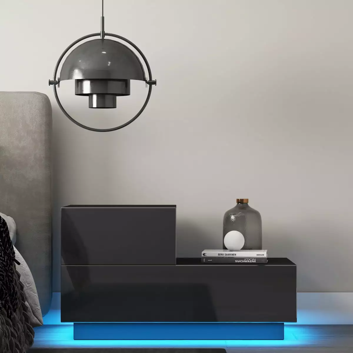 Modern 2 Drawer Nightstand RGB 20 LED Light Mode High Gloss White Black LXingStore