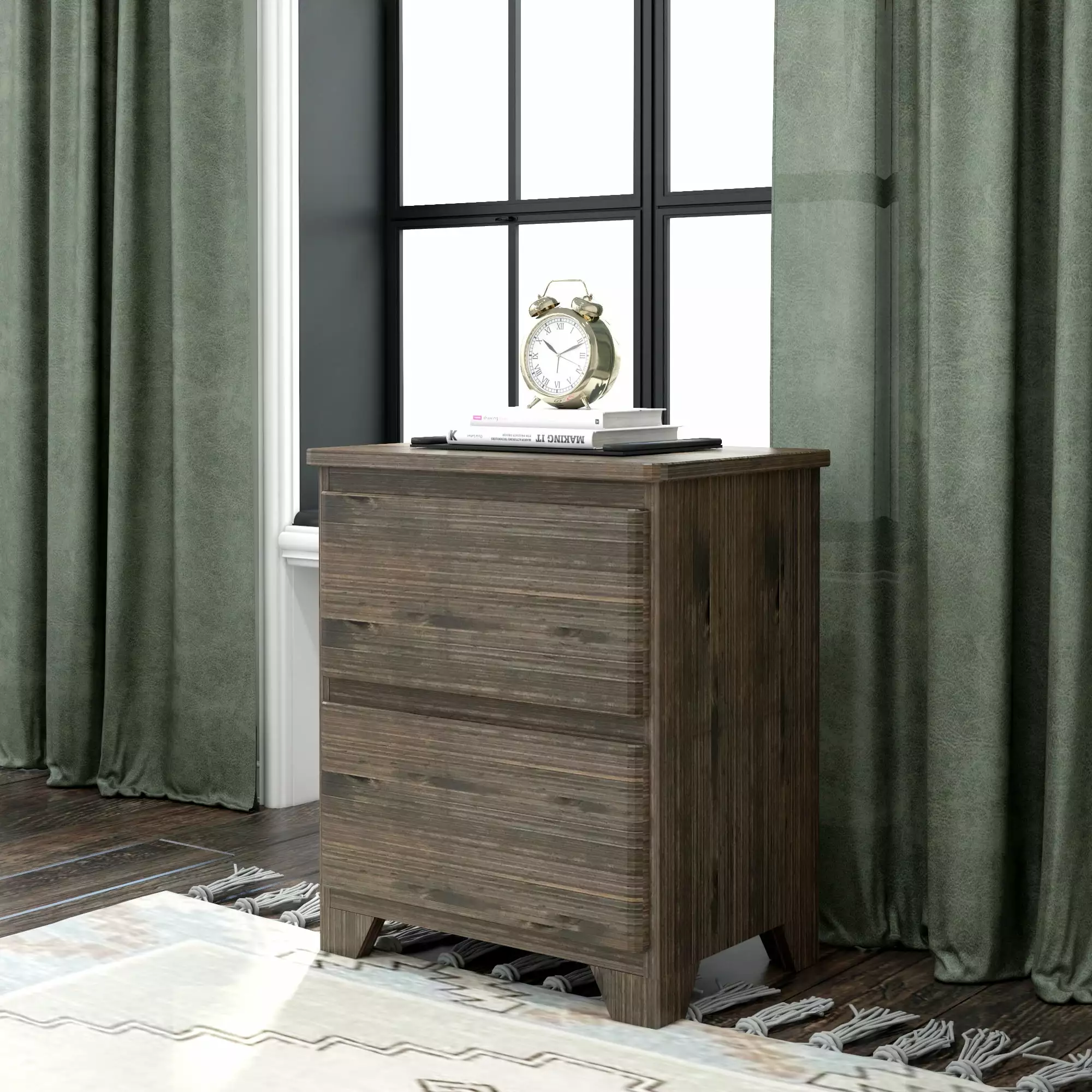 Max & Lily Nightstand 2 Storage Drawers - Wood Bedside Table Bedroom Barnwood Brown