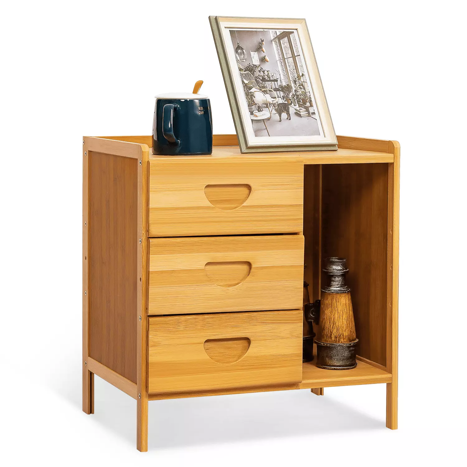 MoNiBloom Bamboo 3 Tiers 3 Drawers Beside Table Modern Nightstand Natural Bedroom