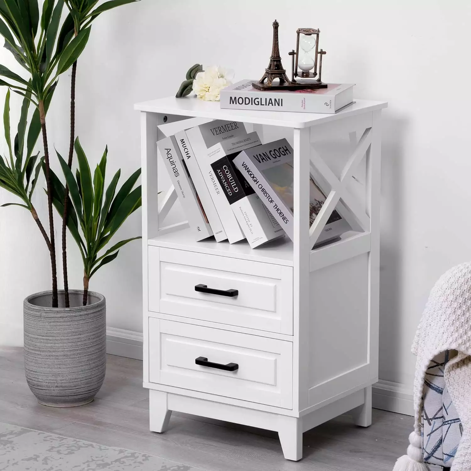 RoyalCraft Nightstand 2 Storage Drawers Tall End Table Wooden X-Design White