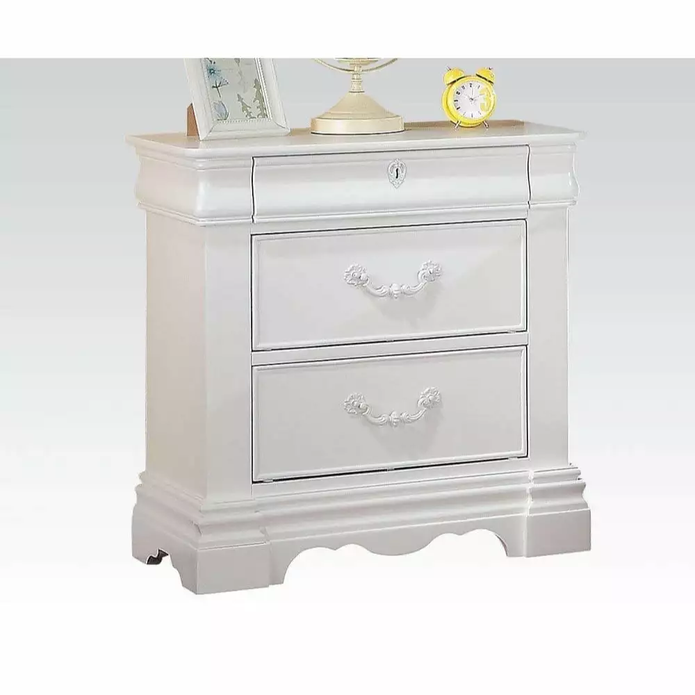 White Three Drawer Nightstand Hidden Top Drawer and Scalloped Feet Saltoro Sherpi Bedside Table