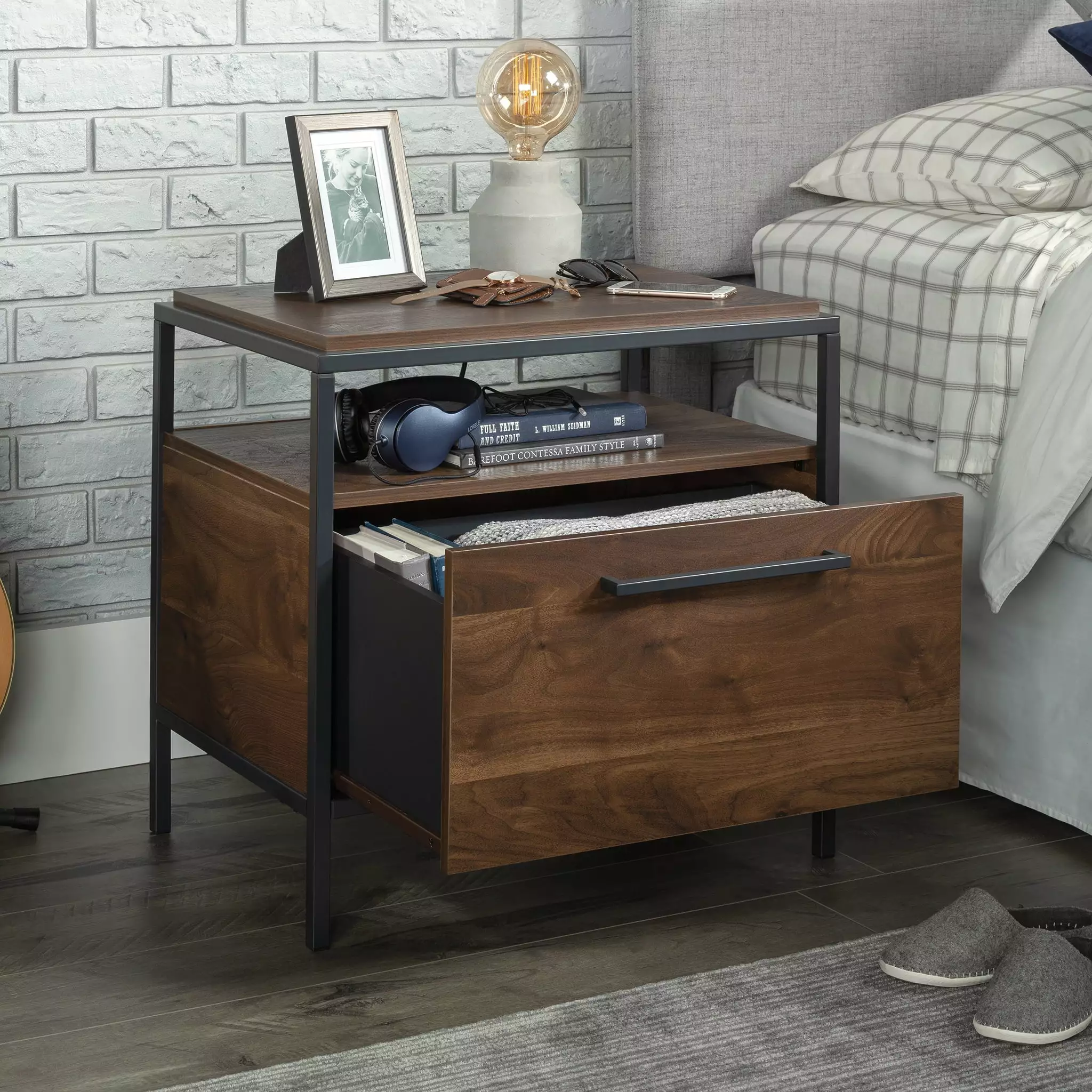 Sauder Nova Loft 1-Drawer Nightstand Open Shelf Grand Walnut Finish