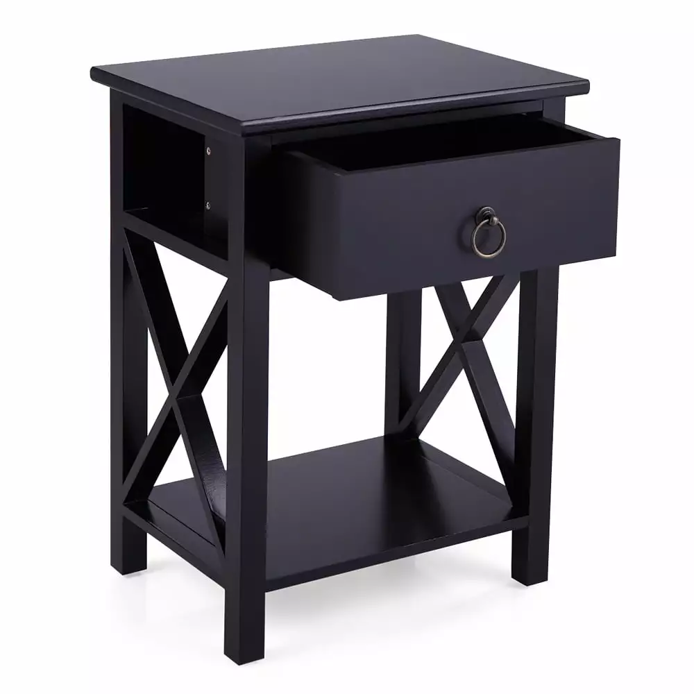 Set 2 SESSLIFE Wooden Nightstands Storage Drawer and Shelf Black Bedside Tables Bedroom