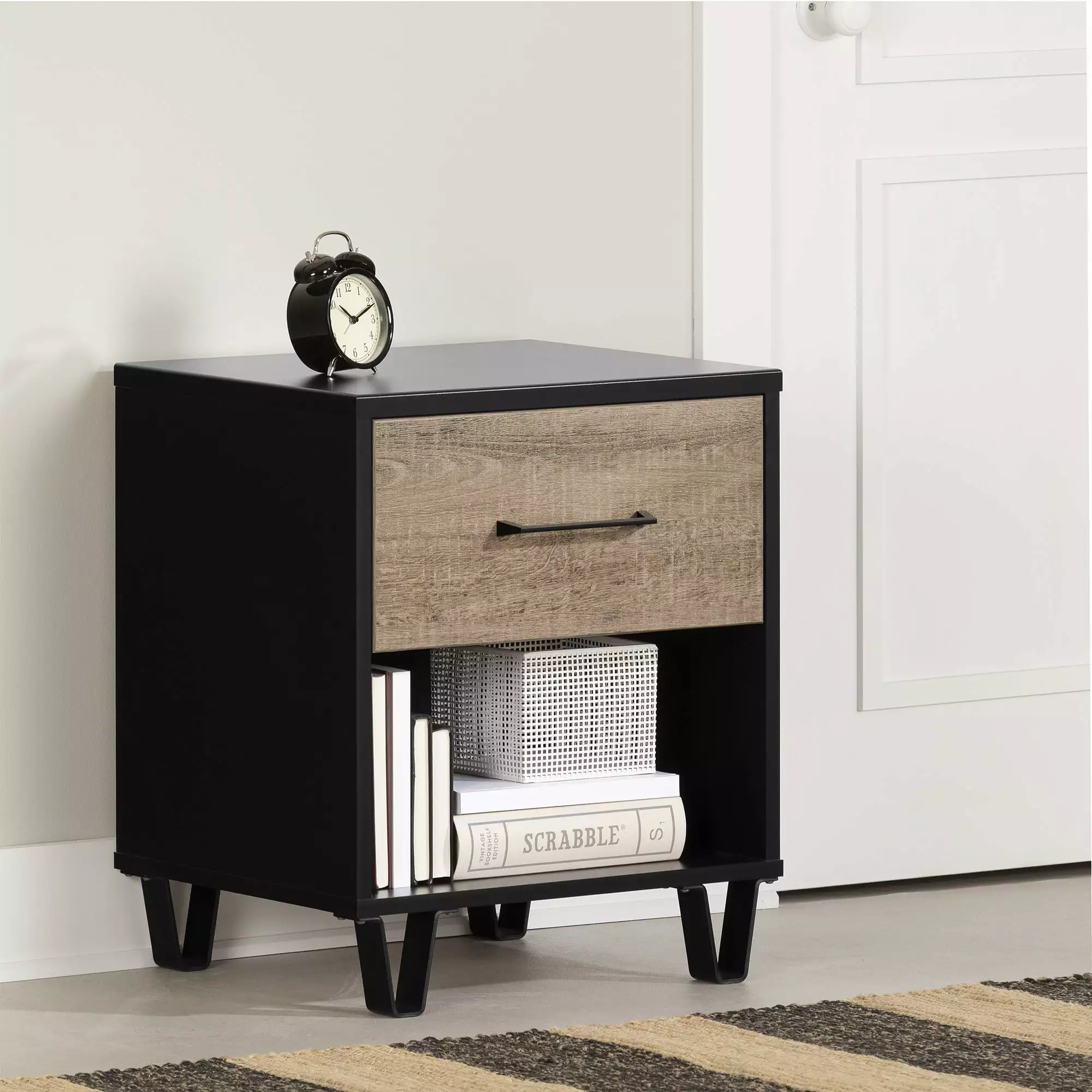South Shore Arlen Farmhouse Nightstand Brown Wood Bedside Table Storage