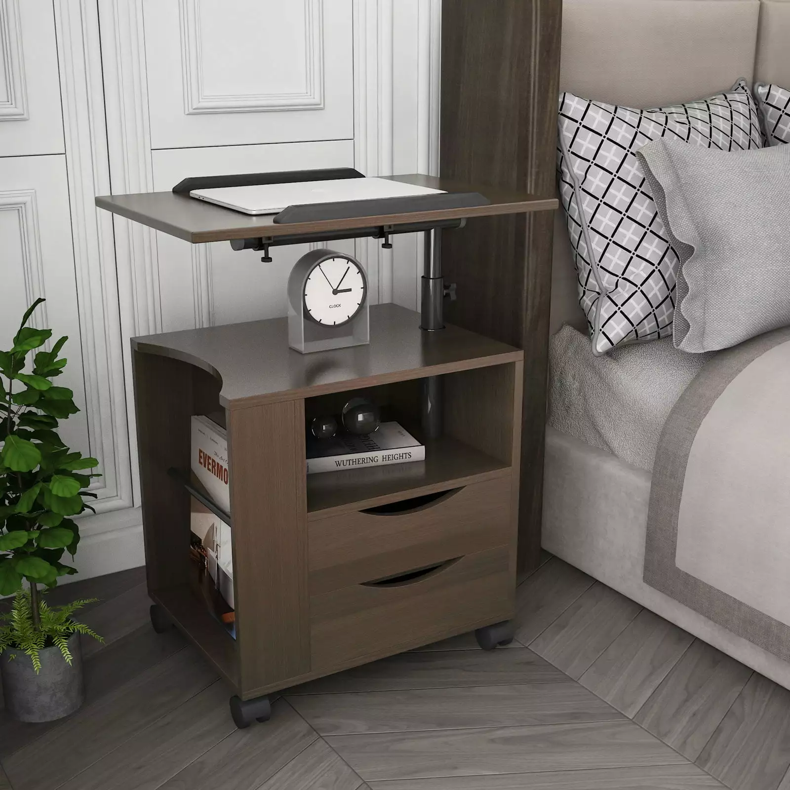 SYNGAR Nightstand Bedroom - Overbed Desk Side Table 360 Swivel Top - Wheels and Storage Laptop Reading Eating - Espresso