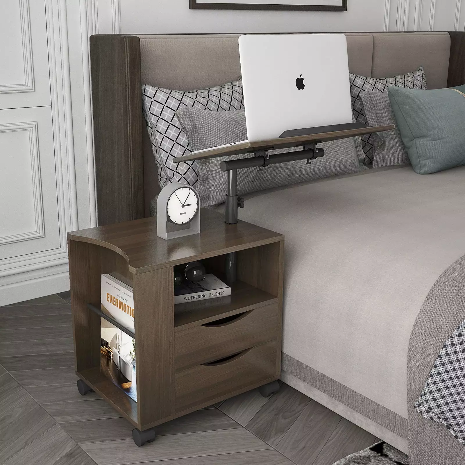 SYNGAR Nightstand Drawers and Wheels - Adjustable Side Table 360 Swivel Top - Espresso Finish