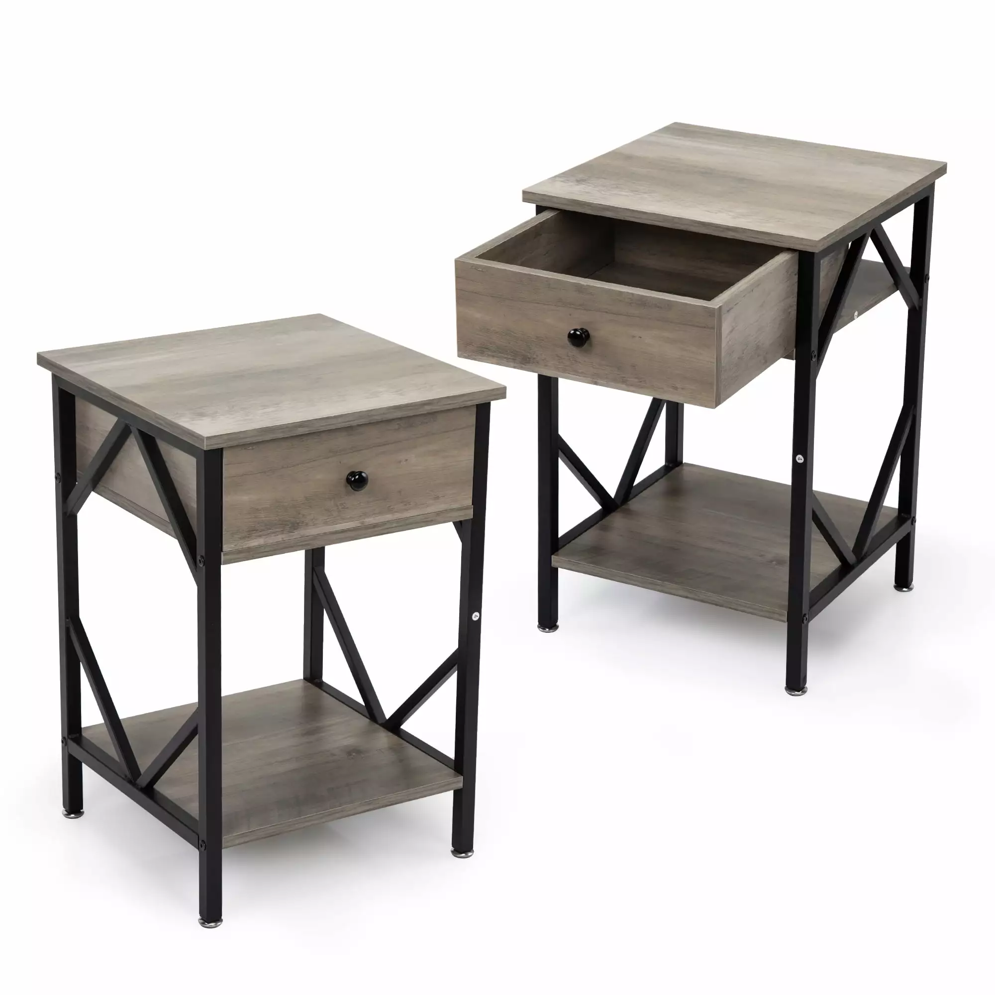 Wood Farmhouse Nightstand Set 2 Industrial Rustic Side Tables Drawers and Shelf Bedroom Living Room Syngar
