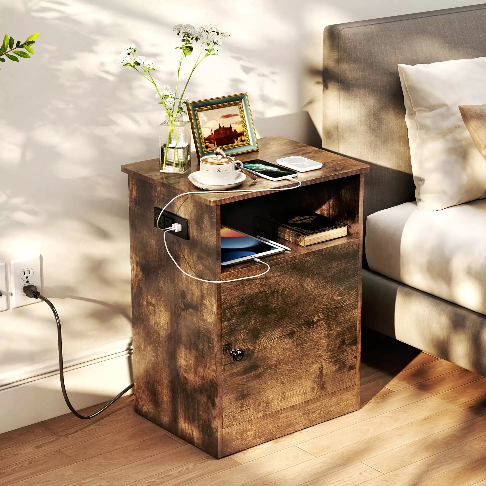 TC-HOMENY Modern Nightstand Charging Station USB Ports Power Outlets Storage Cabinet Bedroom Living Room
