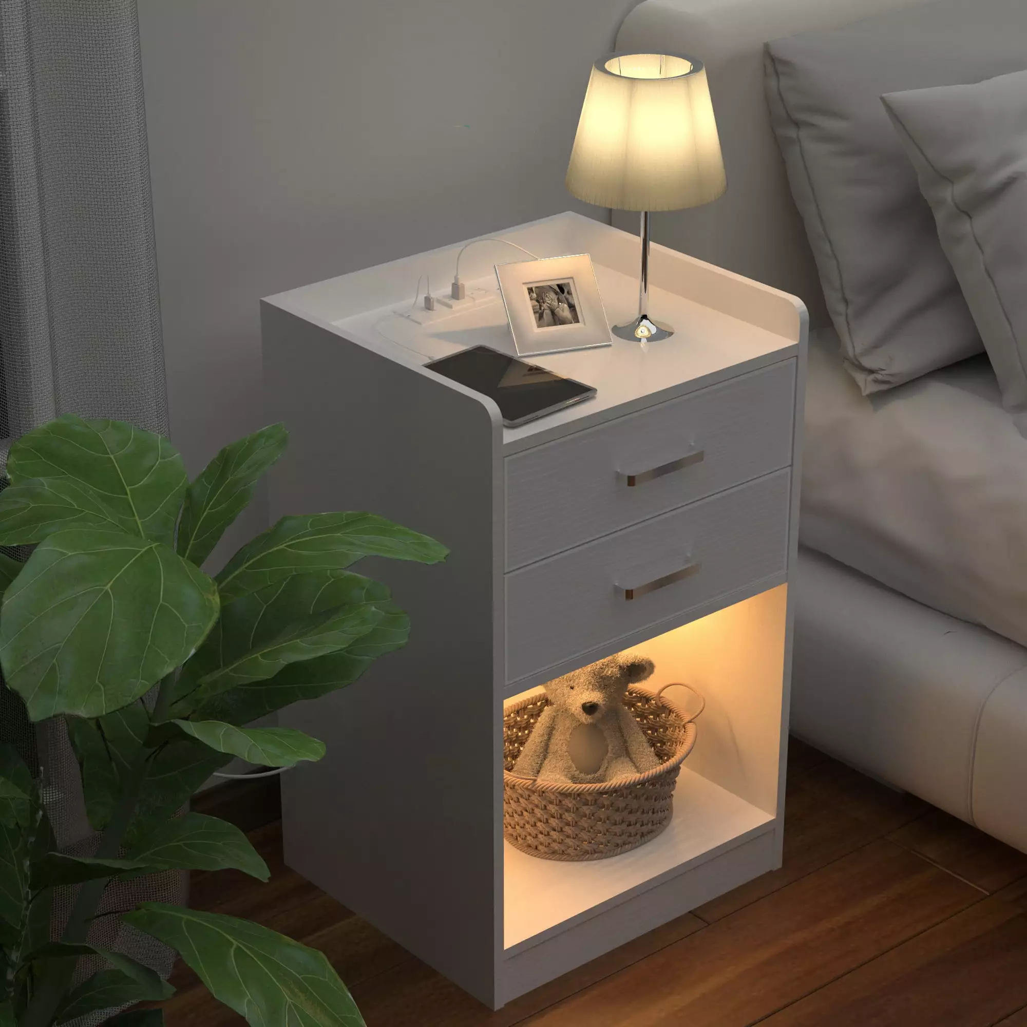 Tolead Nightstand Charging Station and LED Lights, 2 Drawers, White