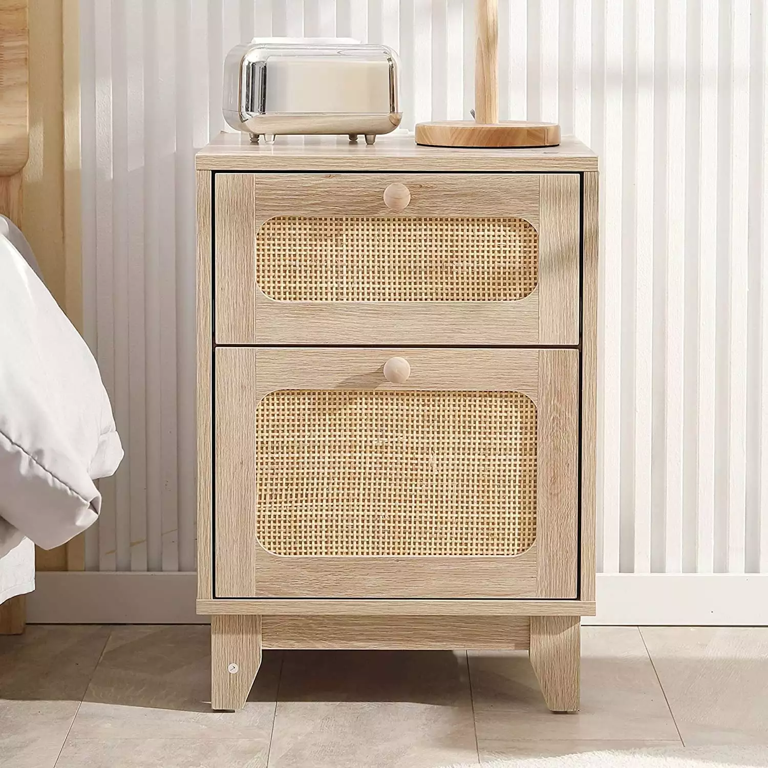 Tolead Rattan Nightstand Set Charging Station Handmade Rattan Decorated Drawer and Door Natural