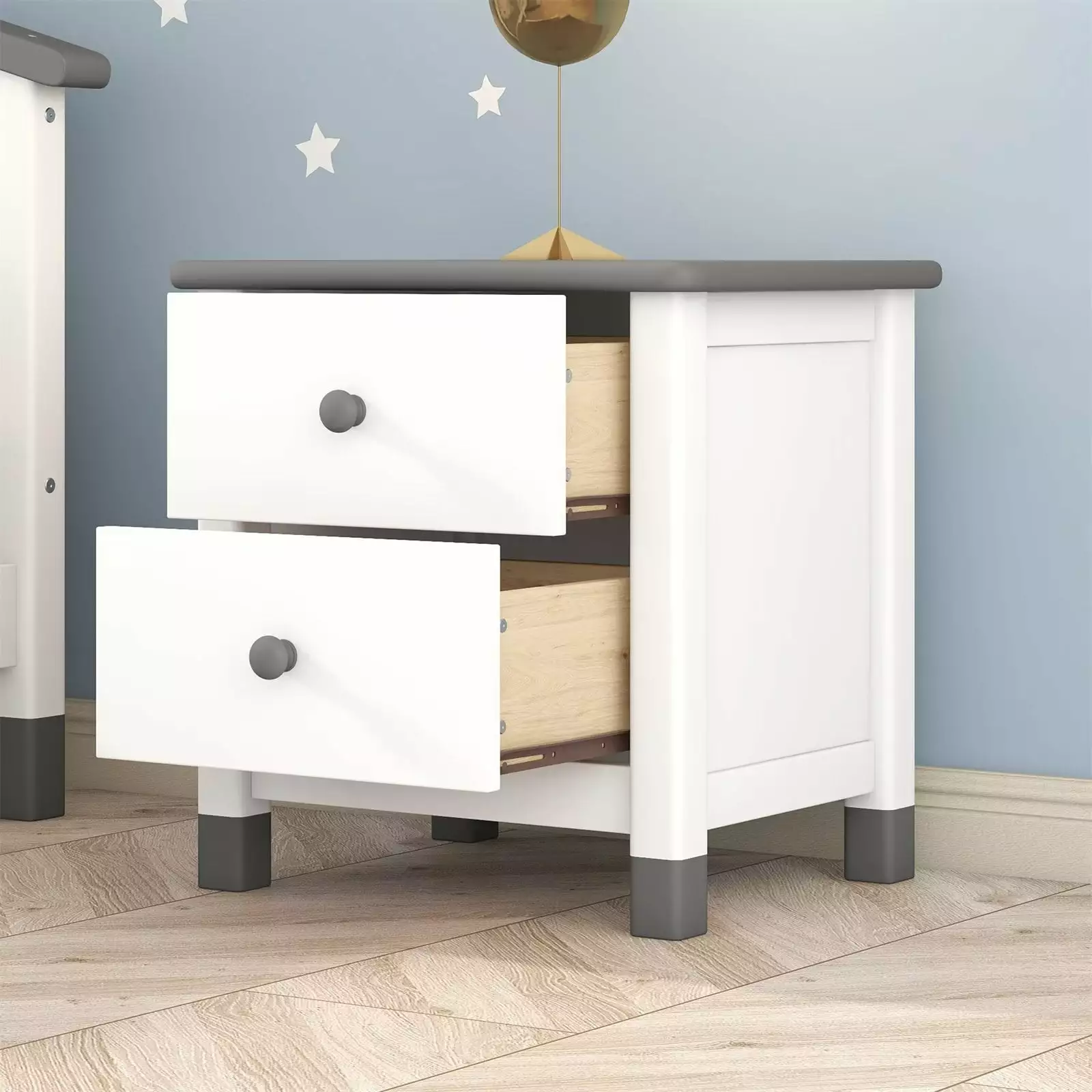 2-Drawer Nightstand Wooden Bedside Table Round Handles & Smooth Surface Kids Adults Bedroom White&Gray Triple Tree