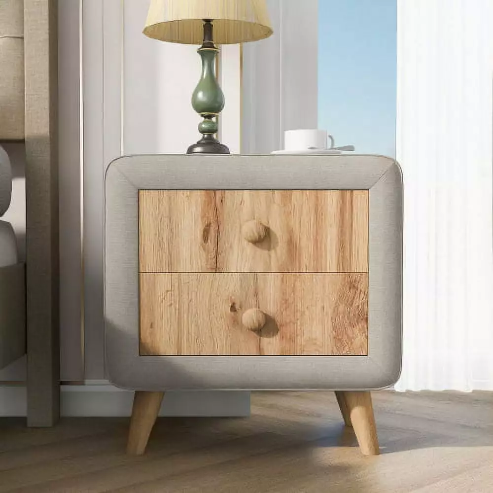 Upholstered Nightstands 2 Drawers Pine Wood Bedside Table Fully Assembled Except Legs Handles Bedroom Living Room Triple Tree