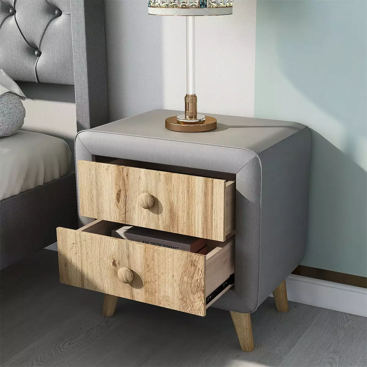Wooden Nightstand Upholstered Bedside Table 2 Drawers Sofa Side Table Fully Assembled Except Legs Handles Gray Triple Tree