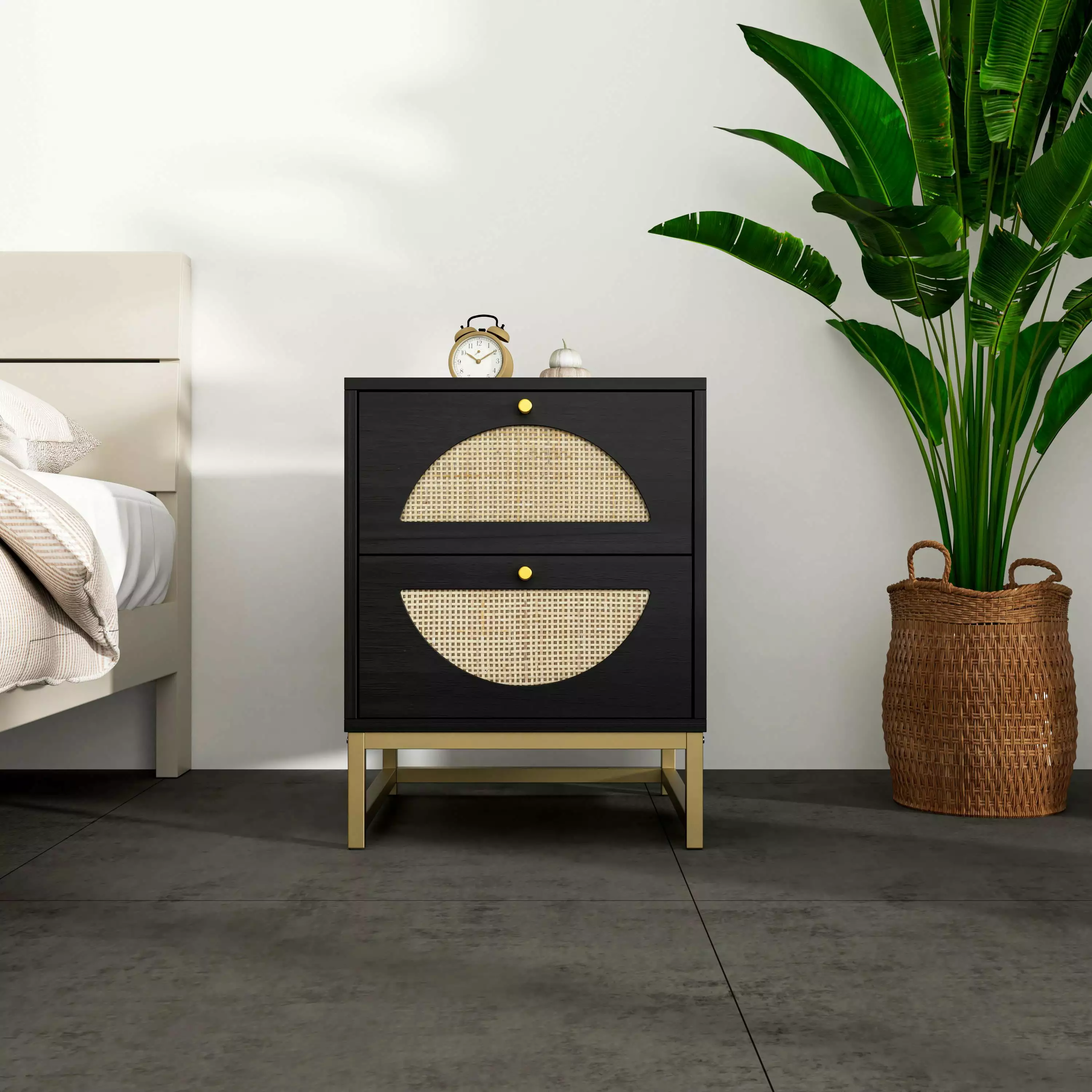 UBesGoo Rattan Nightstand Wooden Bedside Table End Table Living Room and Bedroom