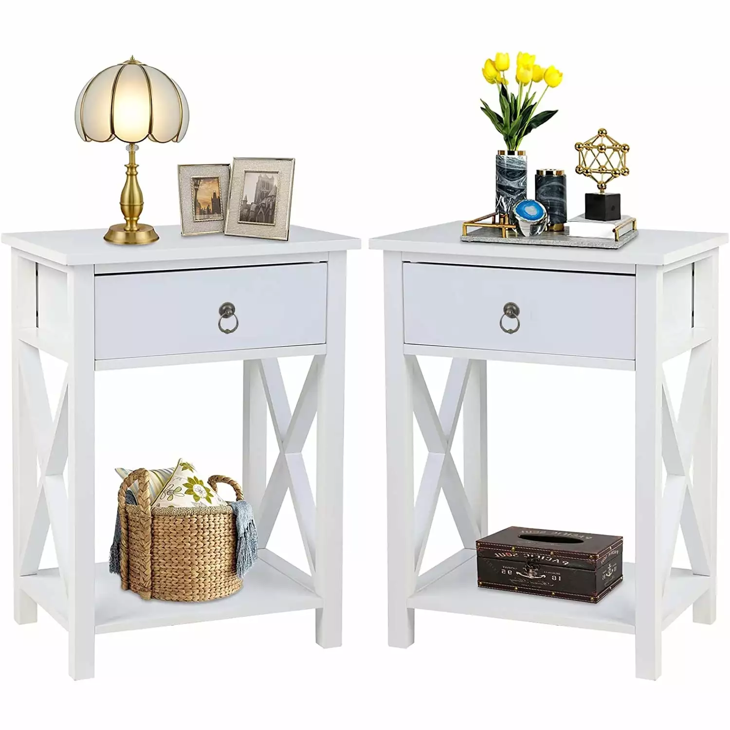 UBesGoo Set 2 Night Stands Bedroom Rustic Nightstand Bedside End Tables Drawer Storage White