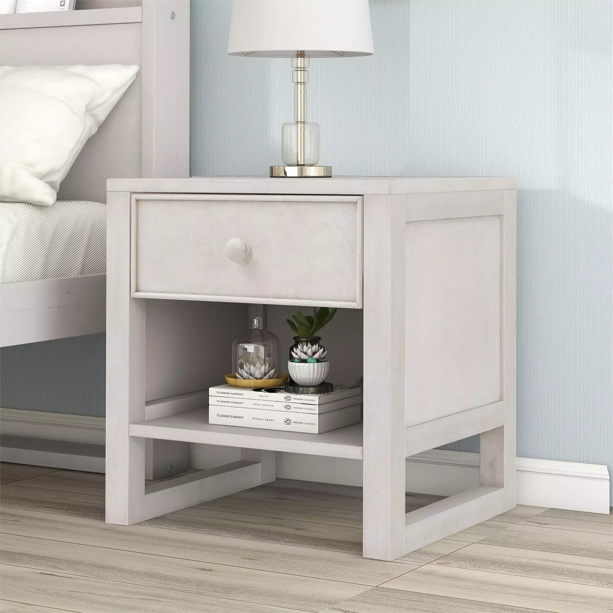 UBesGoo Wooden Nightstand Drawer and Open Storage End Table Antique White