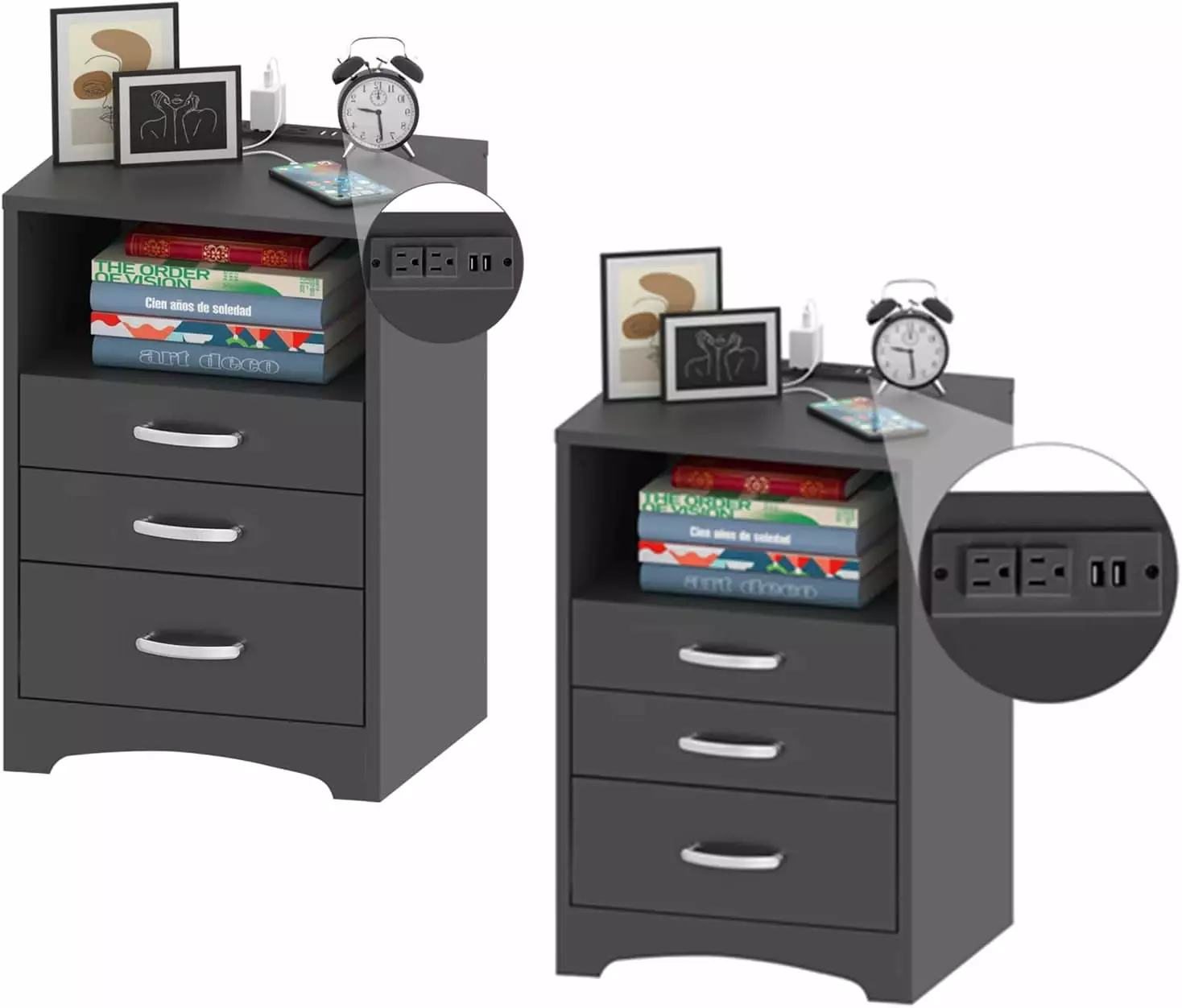 VEANERWOOD Nightstand Set 2 3 Drawers and Charging Station Black