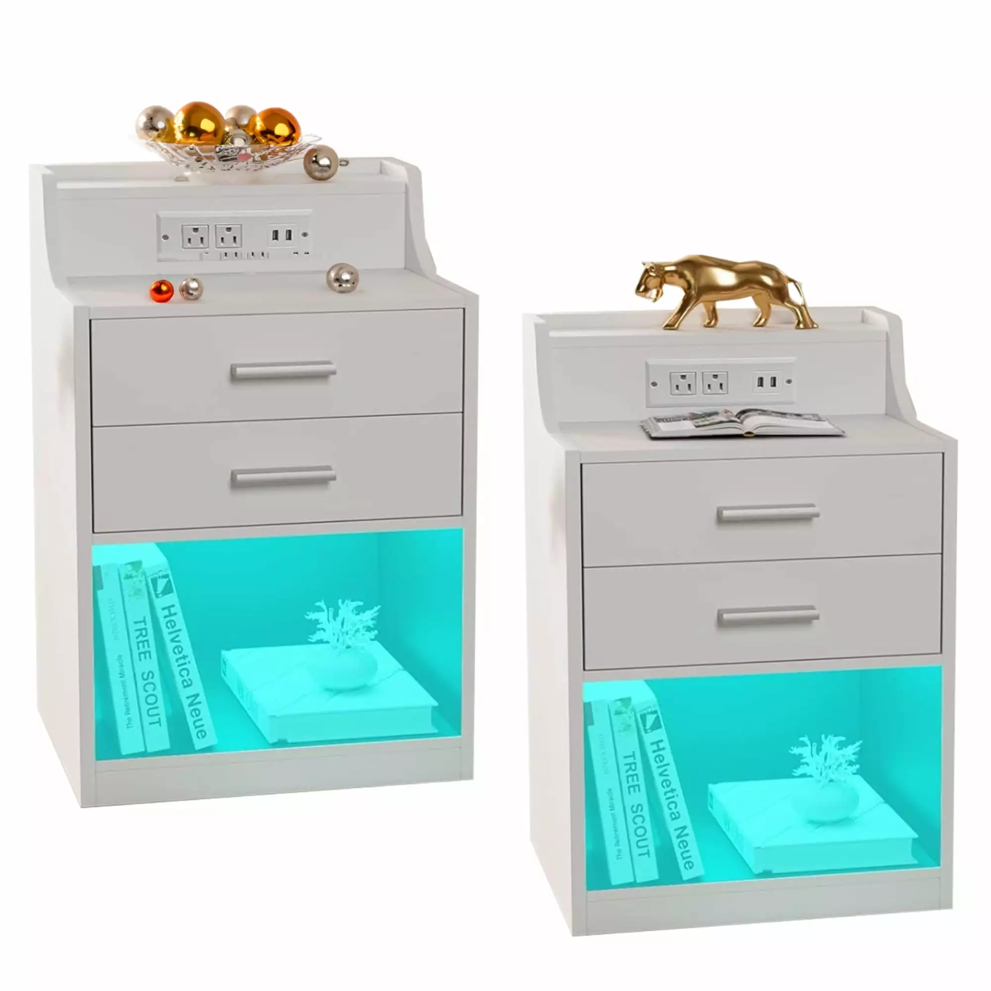 VEANERWOOD Nightstands Set 2 LED and Charging Station White