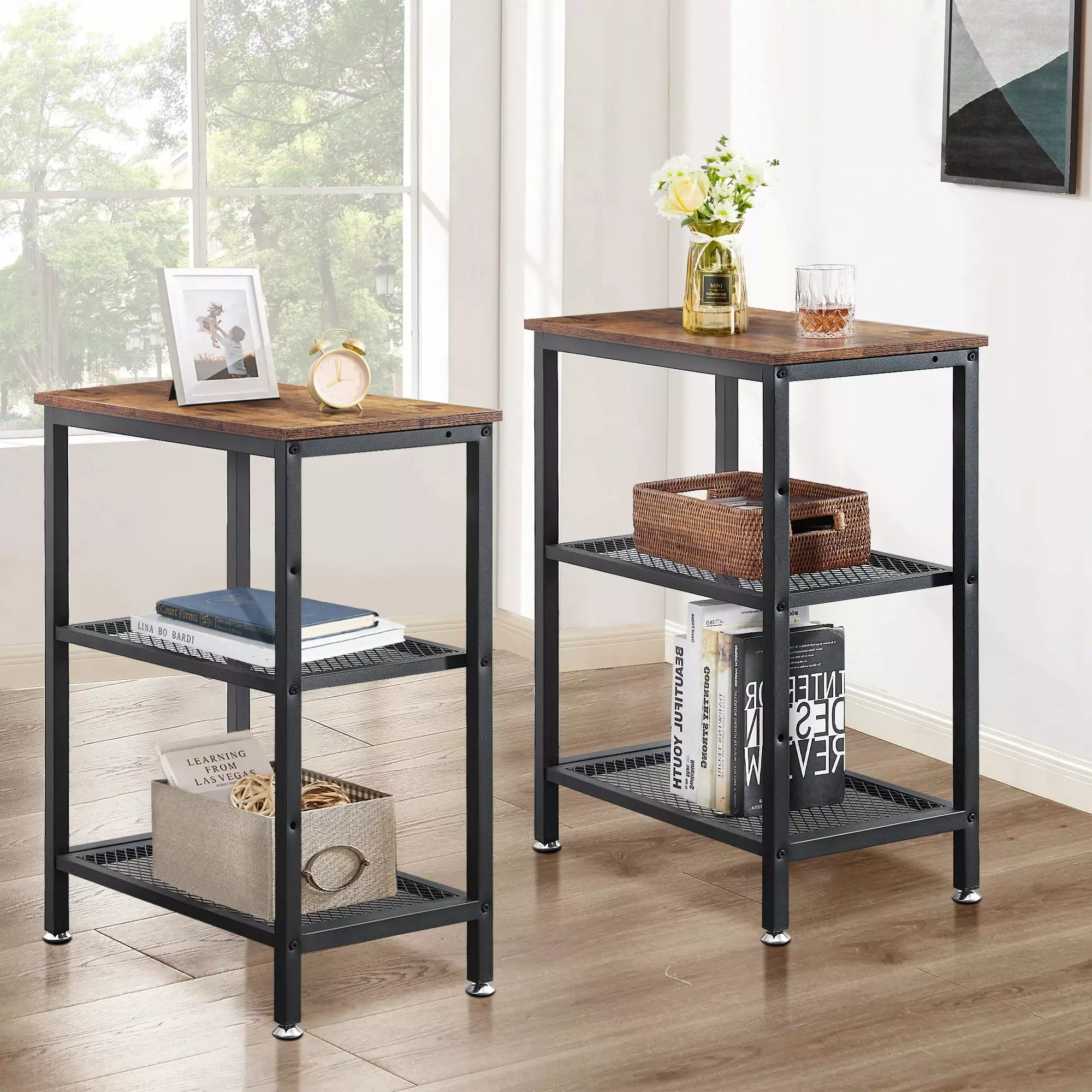 VECELO Set 2 Industrial 3-Tier Storage Shelf End Tables - Brown Nightstands Bedroom or Living Room