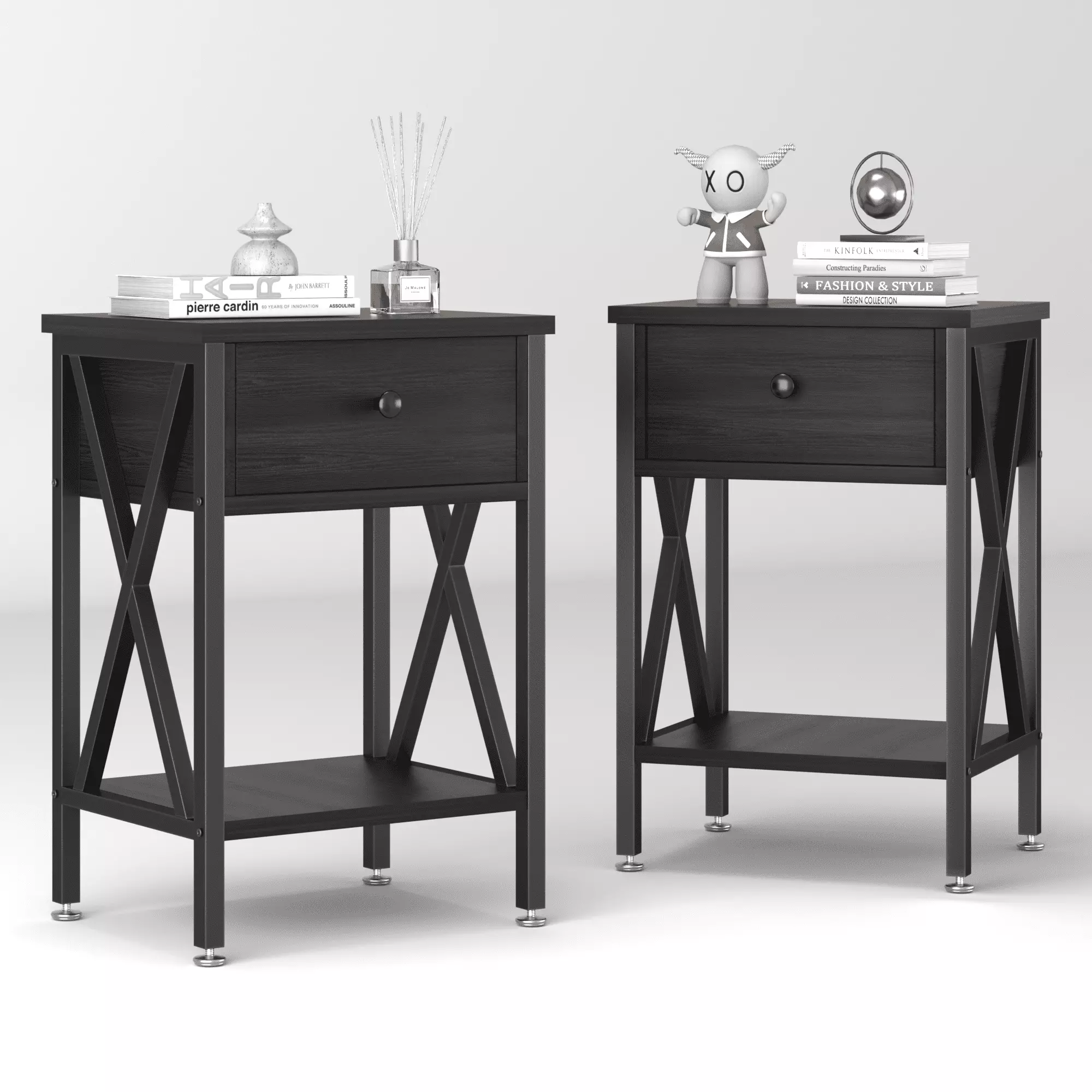 VECELO Set 2 Nightstands Drawer and Open Storage Shelves Black