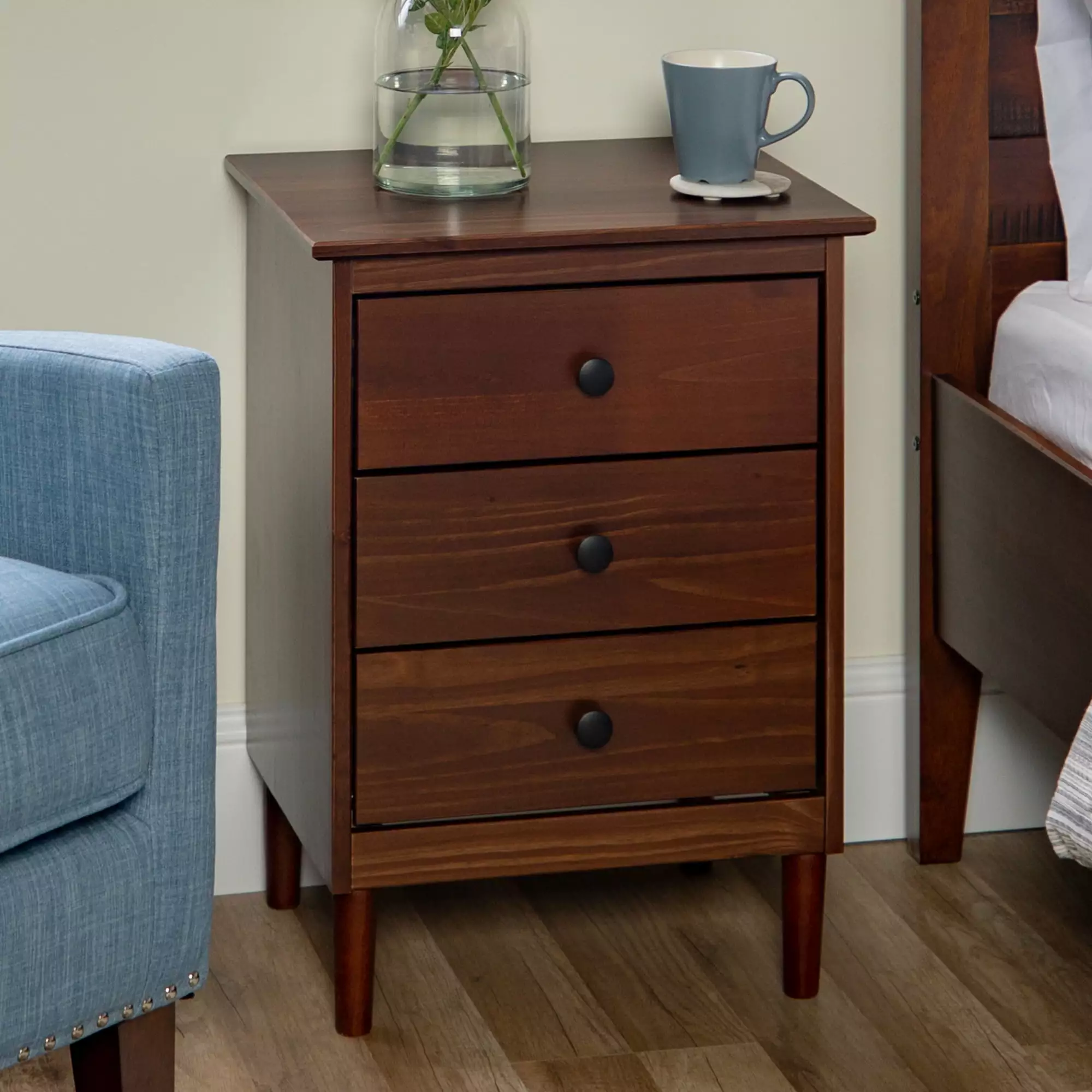 Walker Edison Madeline 3-Drawer Walnut Nightstand Bedside Table