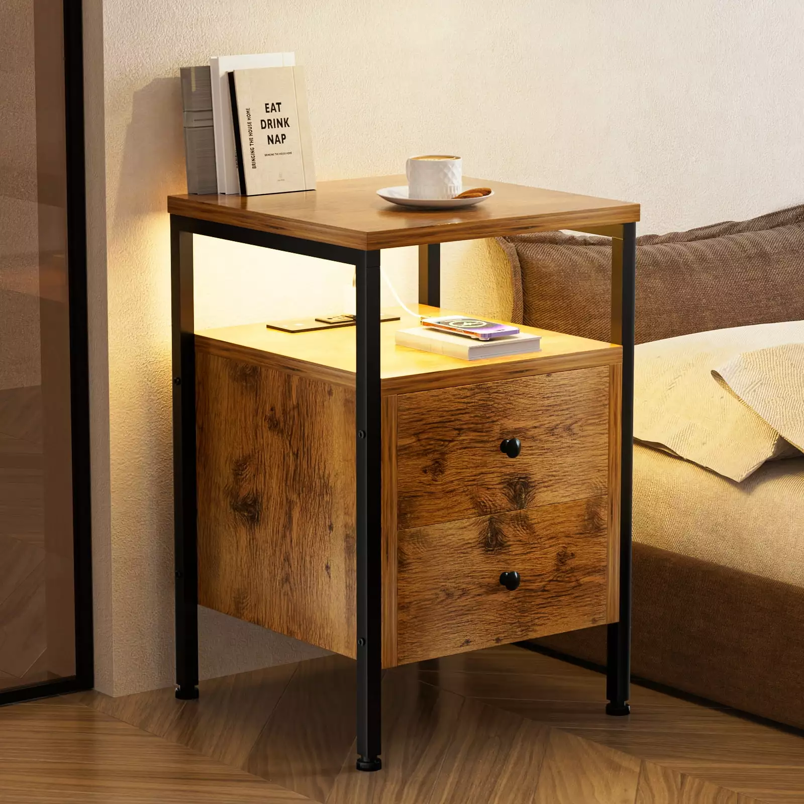 Nightstand LED Light Charging Station 2 Deep Drawers & Shelves Rustic Brown YILQQPER