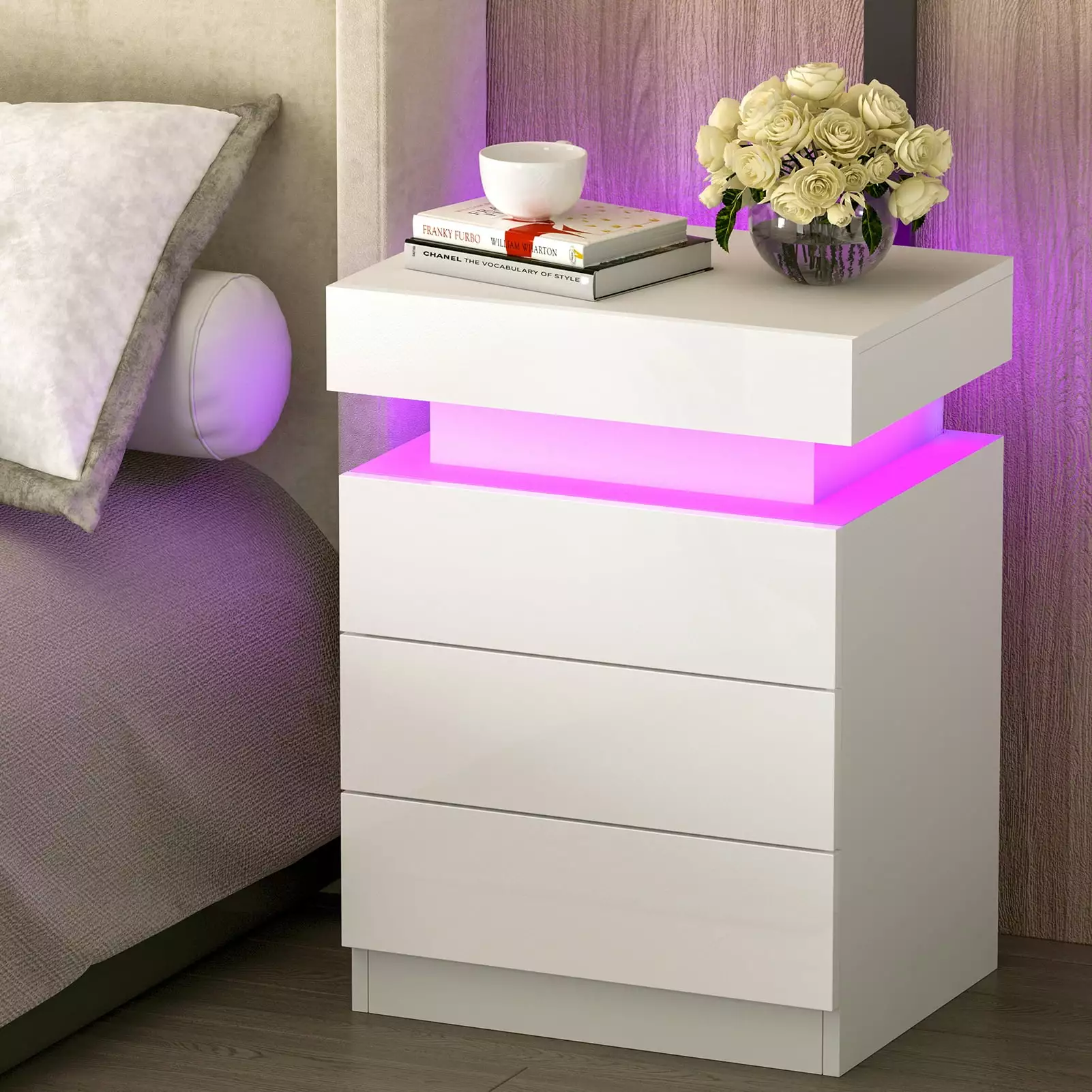 YILQQPER 3 Drawer Modern Nightstand LED Light High Gloss White Finish