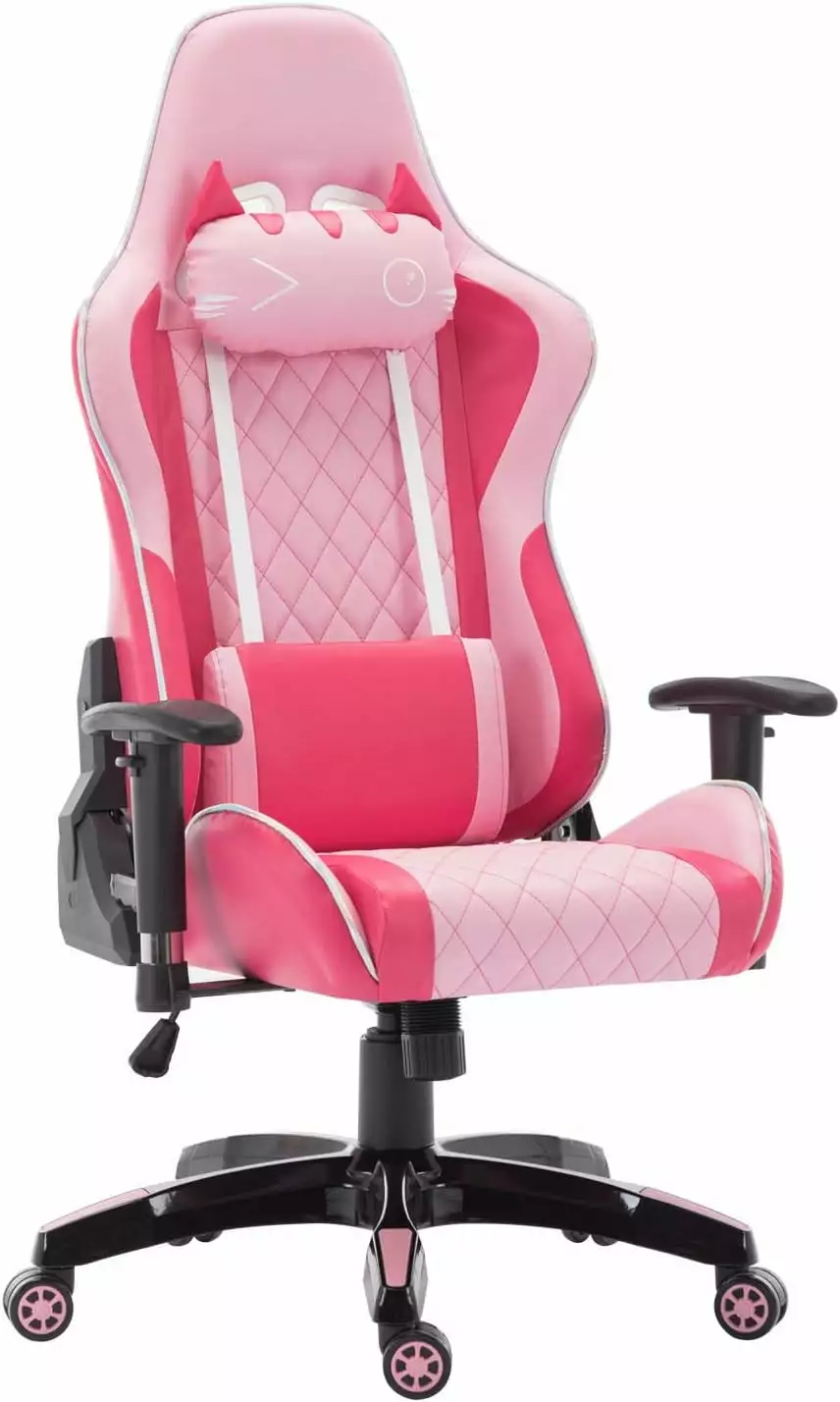 Cute Pink Gaming Chair Cat Headrest and Lumbar Pillow - Ergonomic Reclining PC Racing Game Chair Girls CIMOO