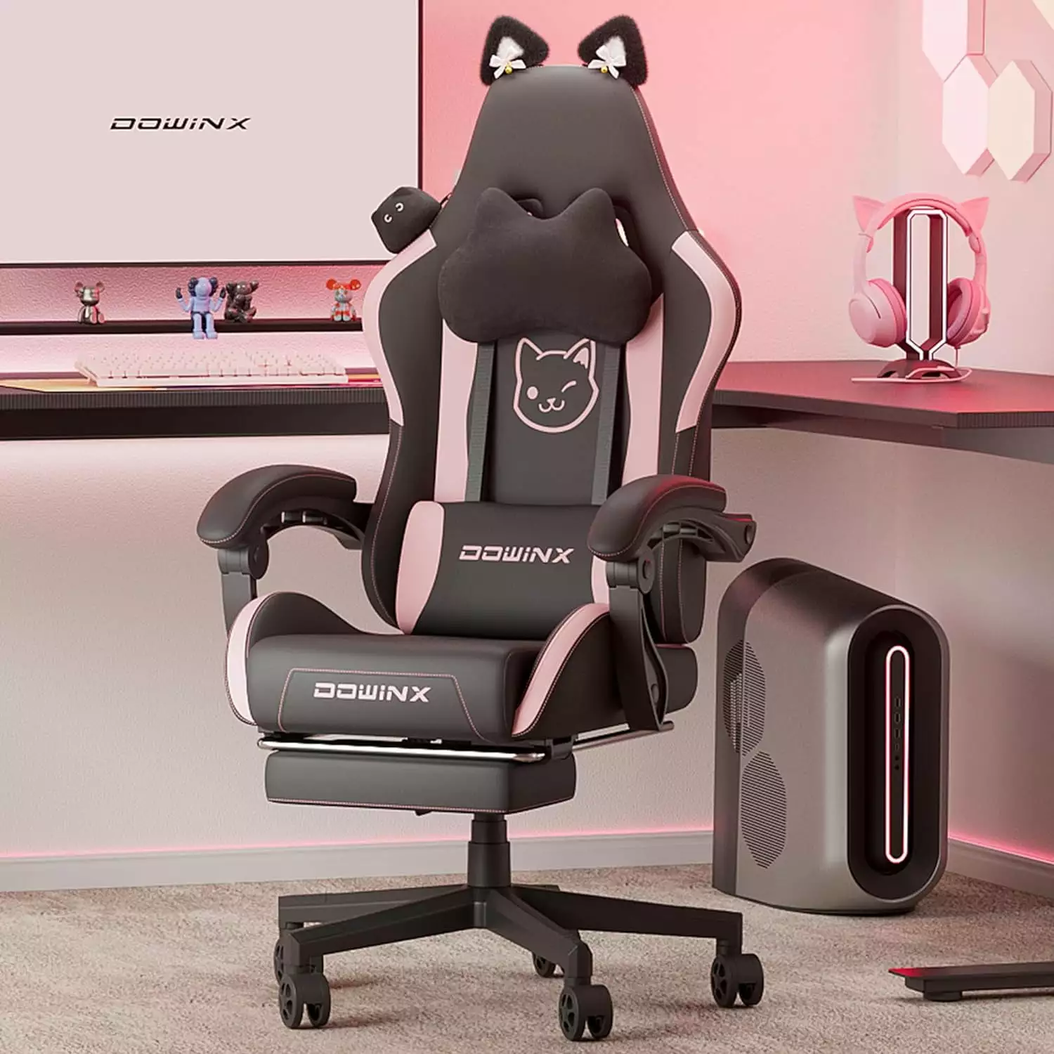 Gaming Chair Cat Ears Massage Lumbar Support Footrest Headrest Comfortable Reclining Game Chair Girl Adult Teen Black LHY