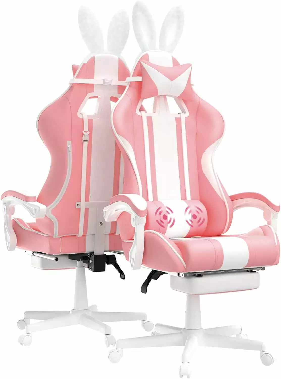 Kawaii Pink Gaming Chair Bunny Ears and Footrest - Ergonomic Cute Office Computer Game Chair Girls and Teens LHY