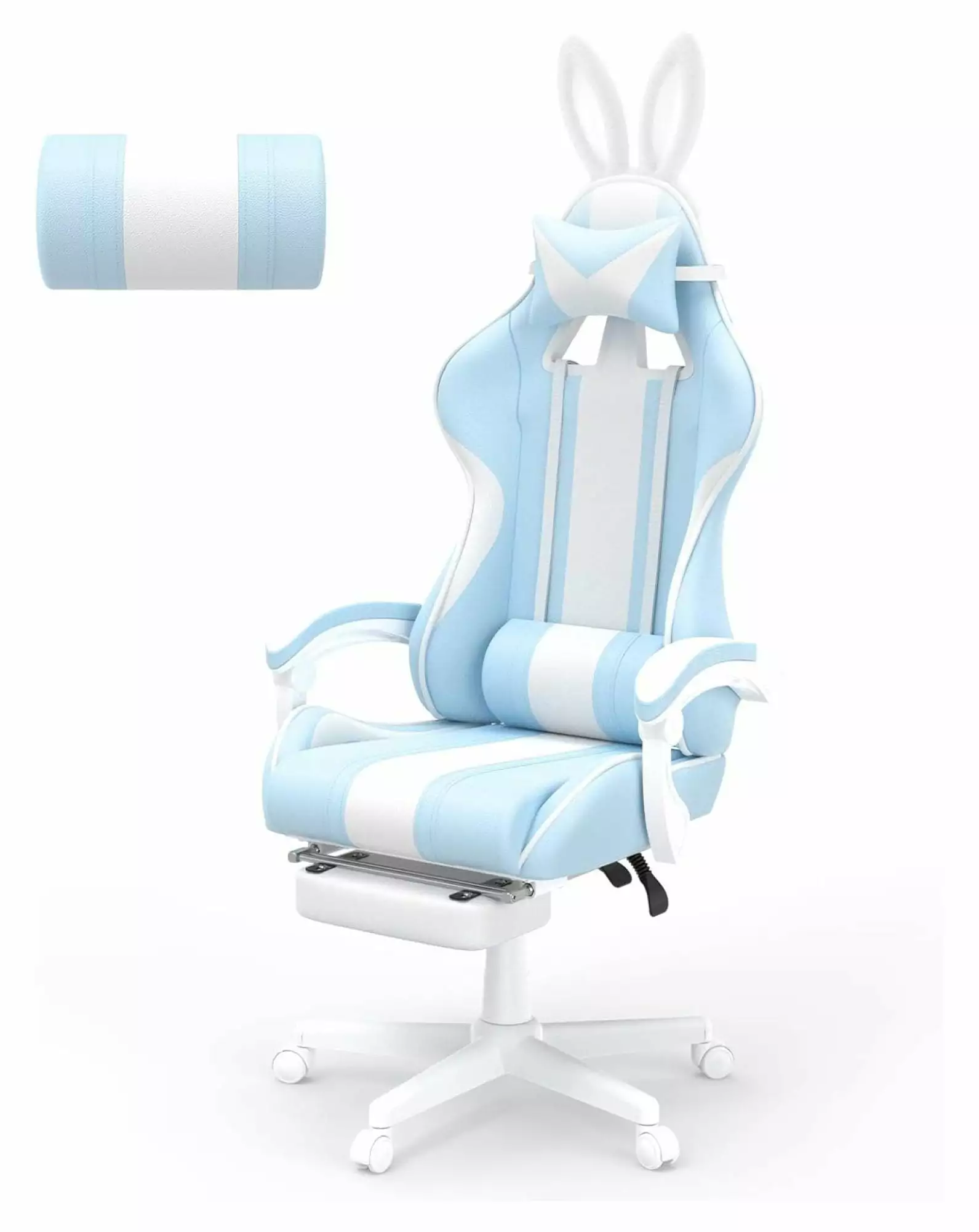 Zazesaby Kawaii Light Blue Gaming Chair Bunny Ears Ergonomic Cute Gamer Chair Footrest and Massage