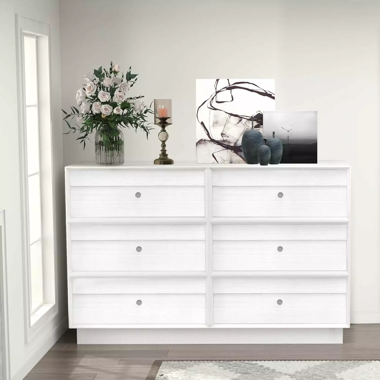 CozyHom 6 Drawers Dresser Bedroom and Nursery - White Wood Storage Cabinet Living Room Cozy Home