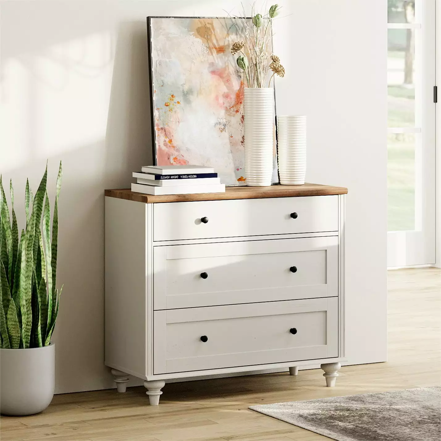 White Baby Dresser 3 Drawers - Mid Century Modern Wooden Closet Storage Nursery FITUEYES