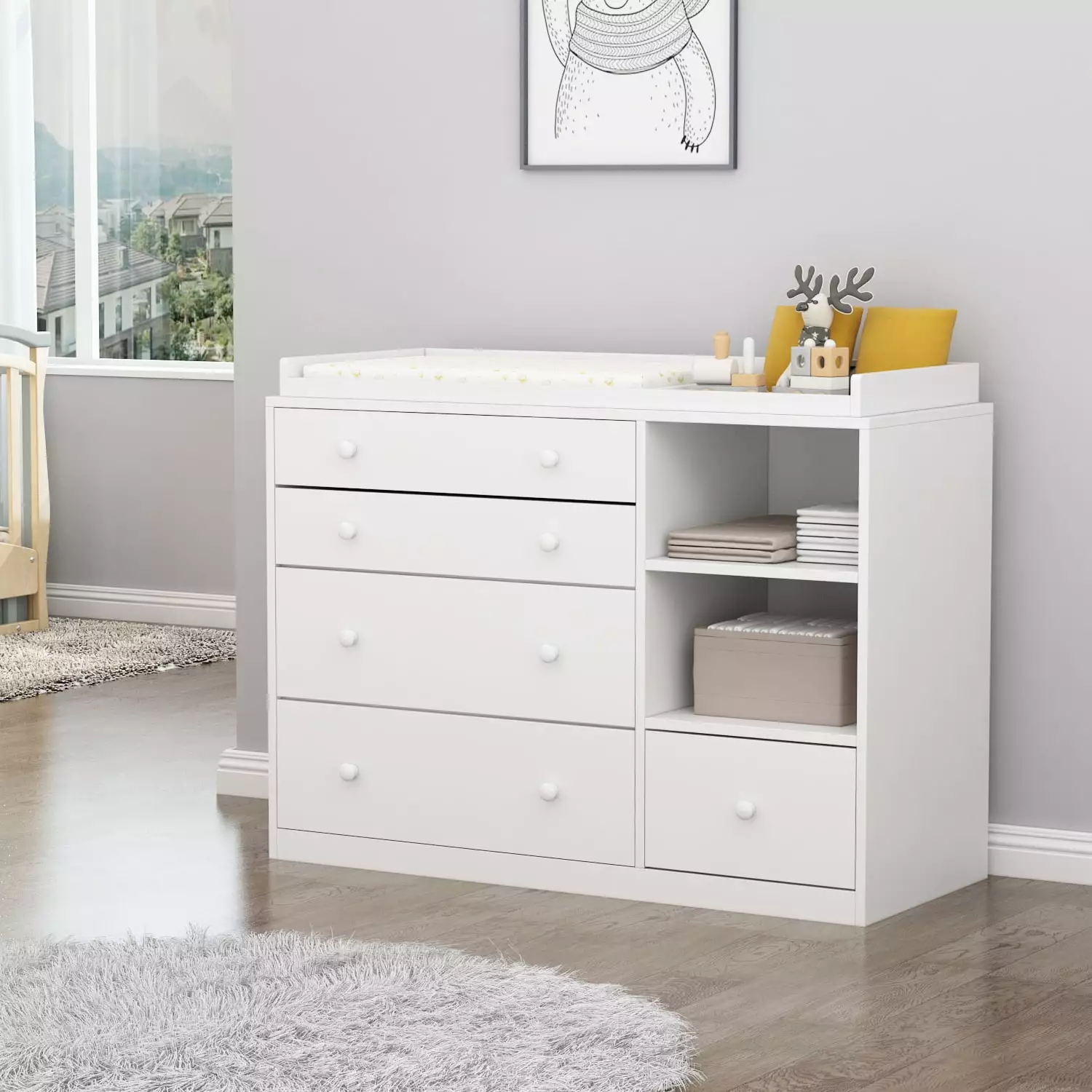 MONSLIPA Nursery Dresser Baby Dresser 5 Drawers White Wood Chest Bedroom