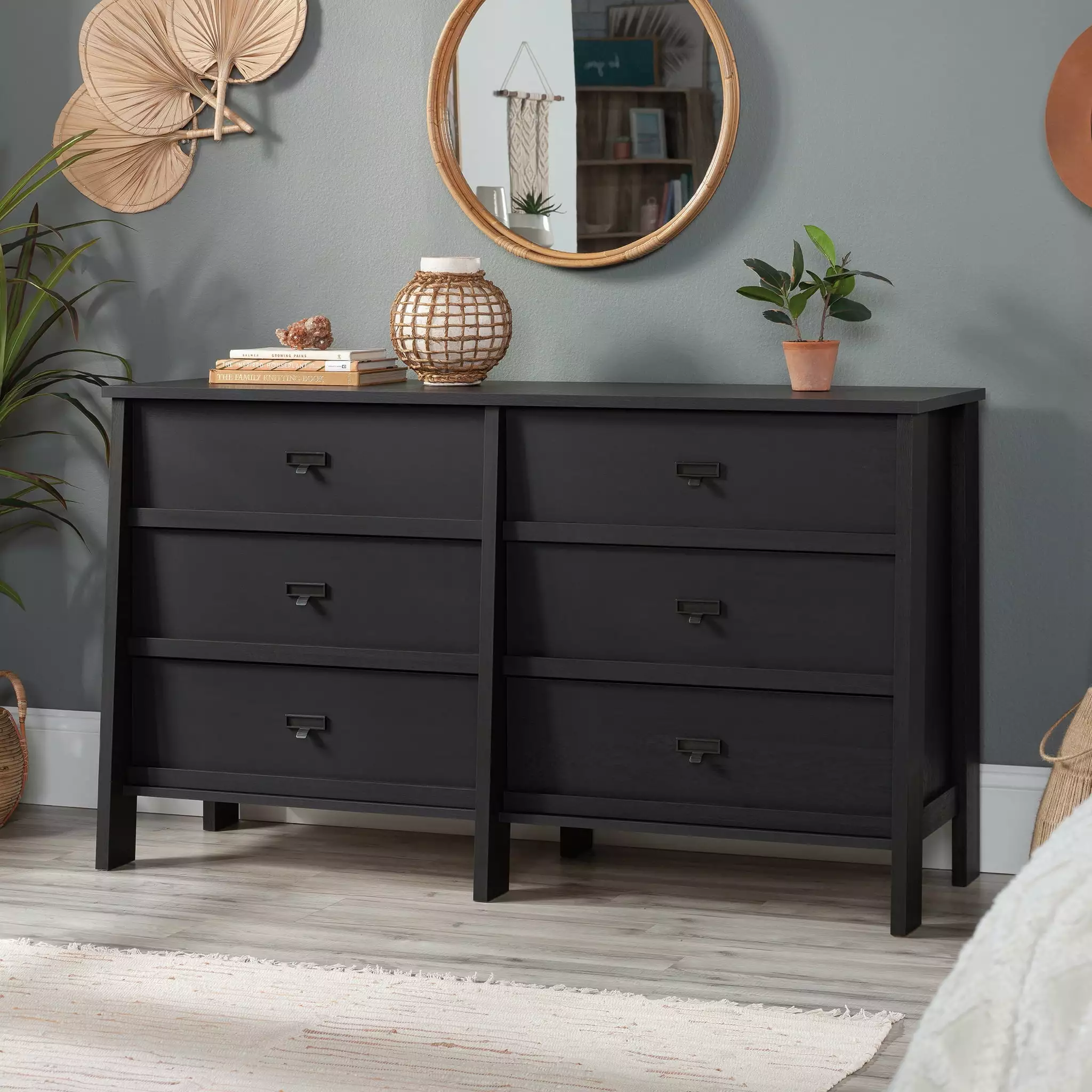 Sauder Trestle 6-Drawer Bedroom Dresser Raven Oak Finish