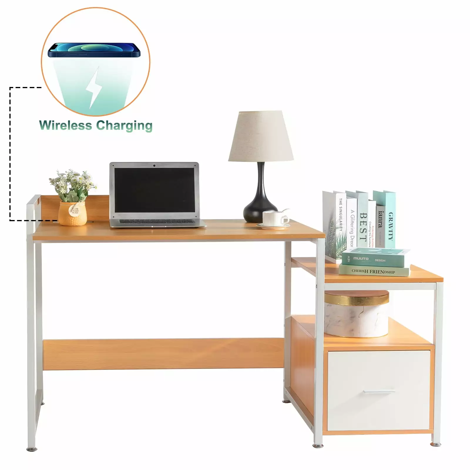 Ktaxon Computer Desk Wireless Charging Station Home Office Workstation Laptop Study Table Drawer