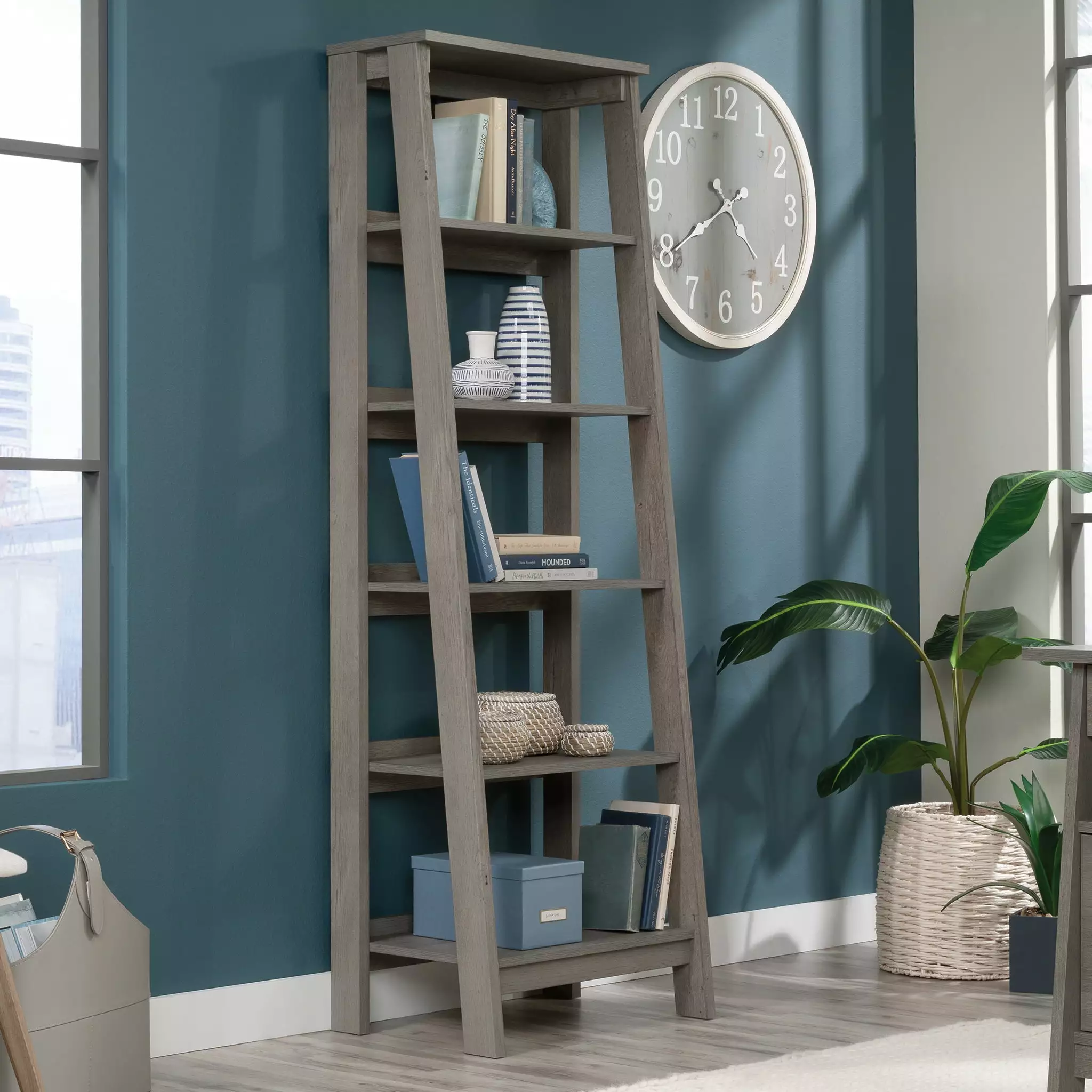 Sauder Trestle 5-Shelf Open Display Bookcase Mystic Oak Finish Bookshelf Living Room or Office