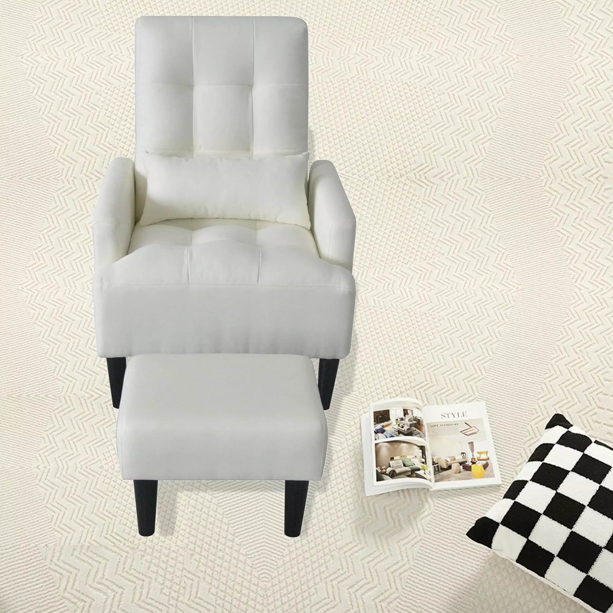 DeeHome Redde Boo Modern Design Living Room Cream White Recliner Soft Cozy Sofa Chair Ottoman