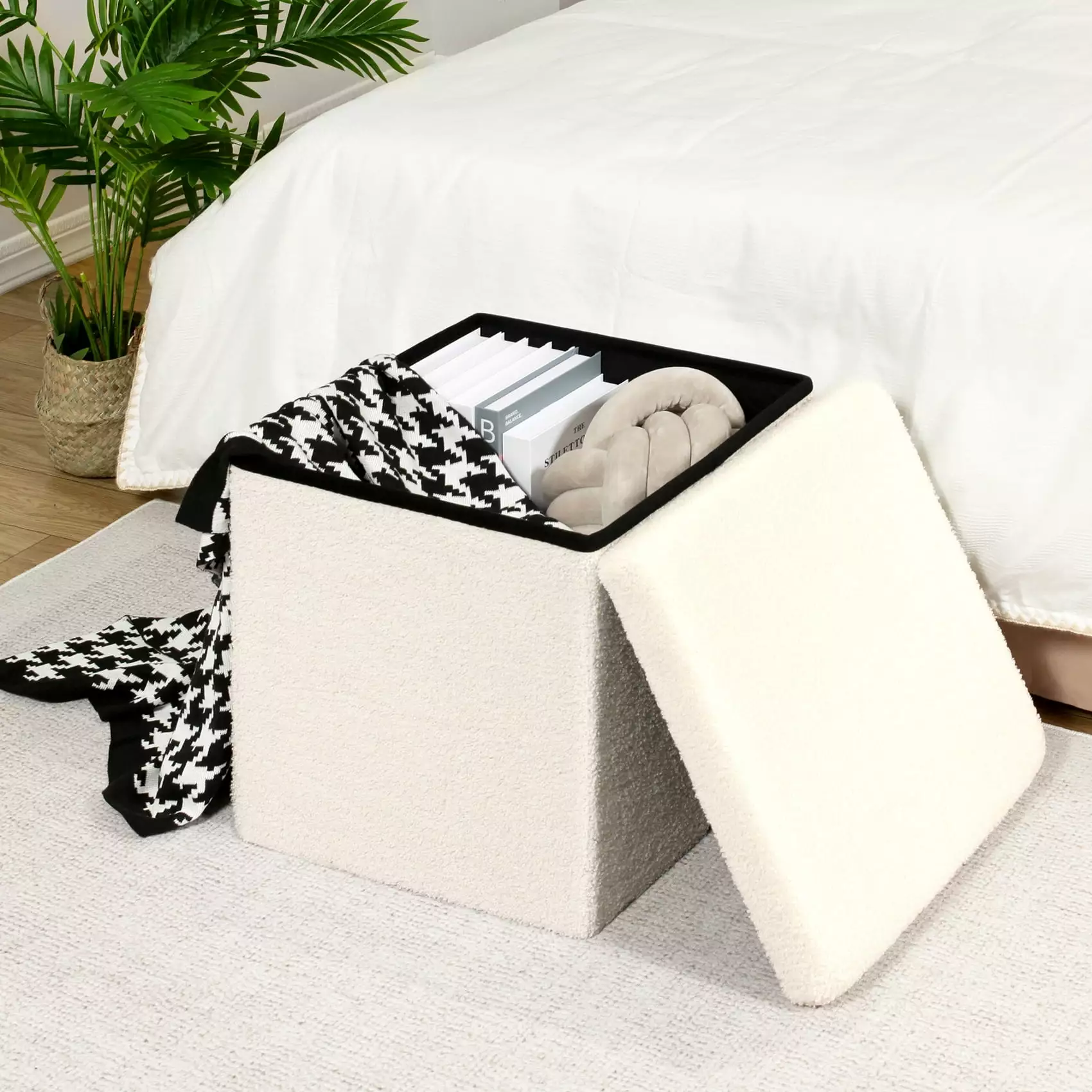 PINPLUS 15.7 Folding Storage Ottoman Cube Foot Rest Stool Sherpa Fabric White