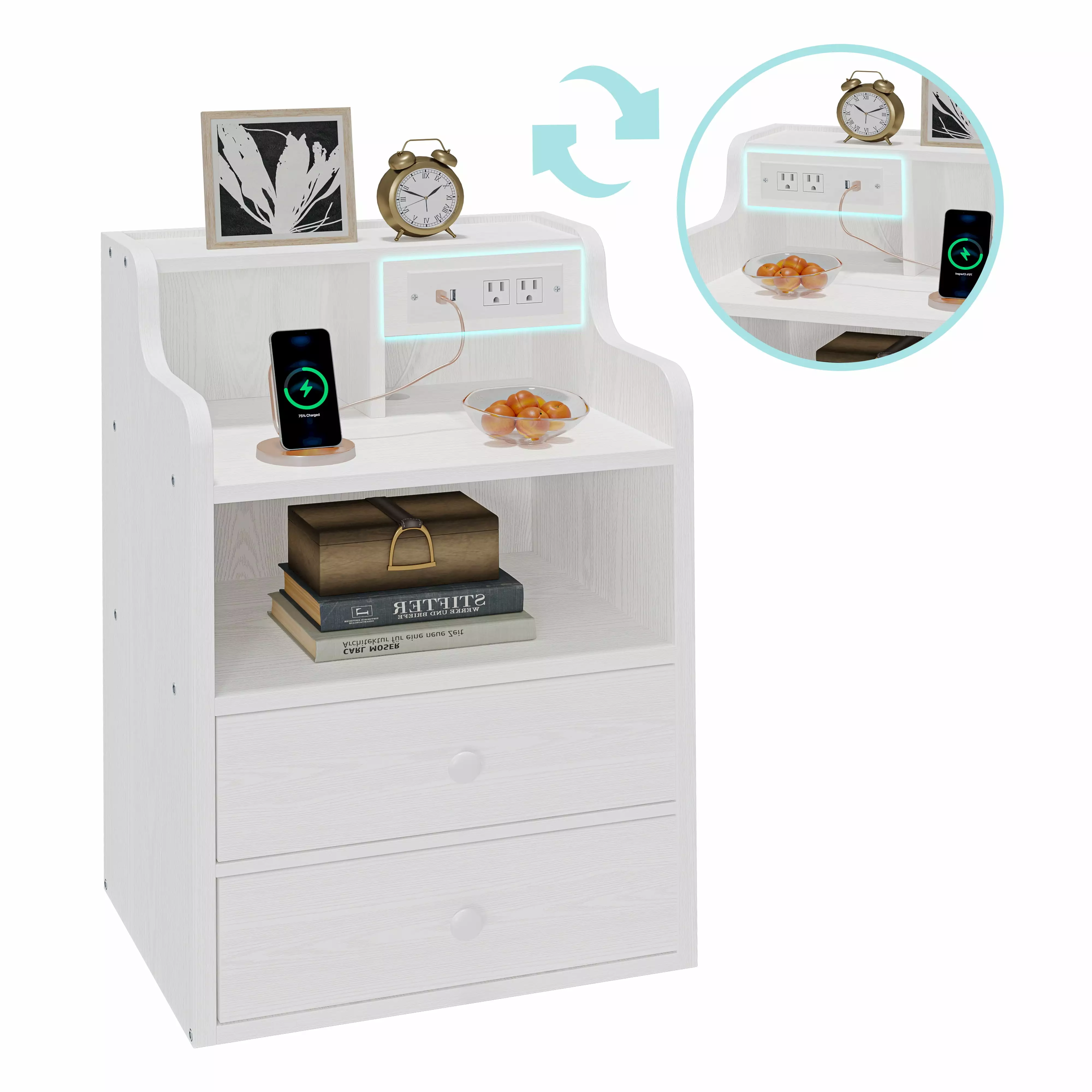 LIKIMIO White Nightstand Outlet Station 2 Wood Drawers Left Right Change Sockets Bedroom
