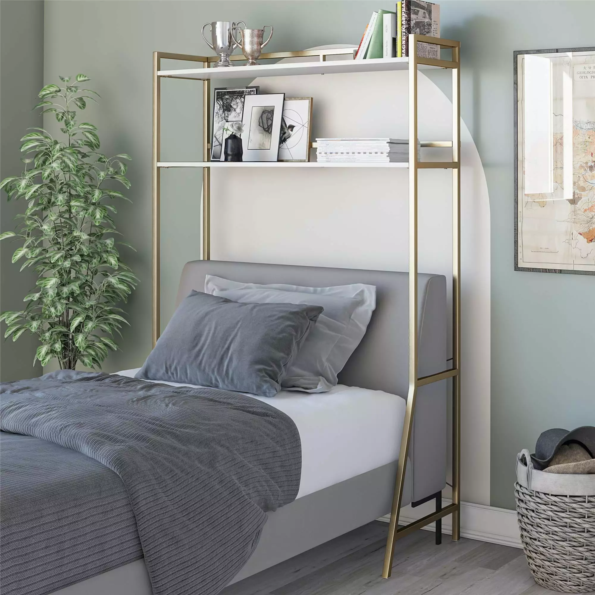 Novogratz Beverly Over--Bed Storage Twin XL Twin Beds White Gold