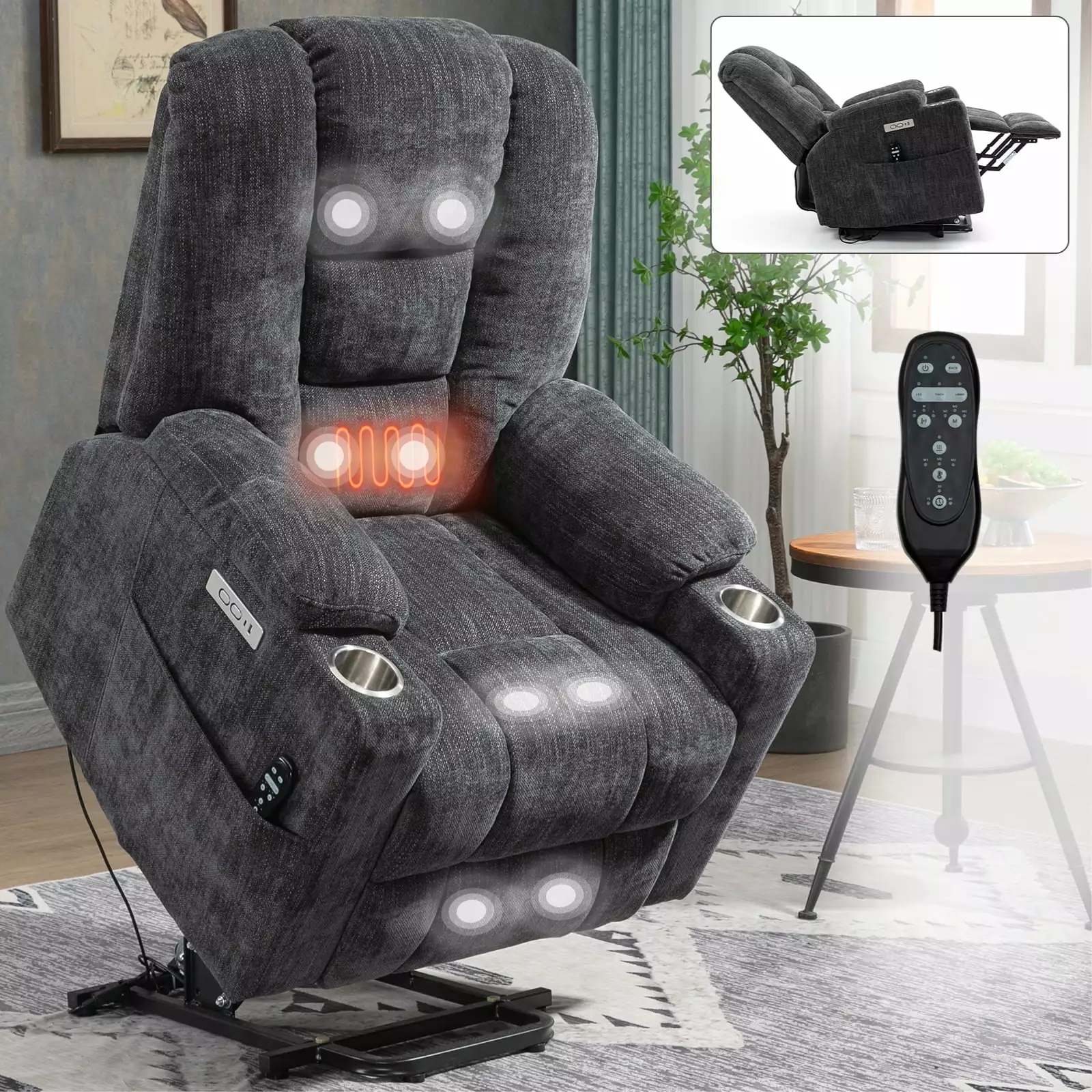 DeeHome EMON'S Large Overstuffed Power Lift Recliner Chair Massage Heat and Cup Holders