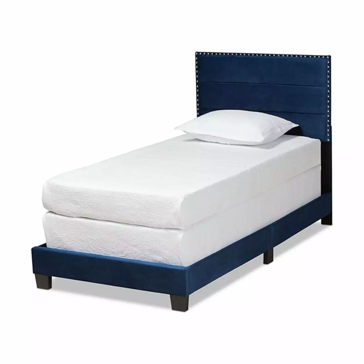 Tamira Glam Navy Blue Velvet Fabric Upholstered Twin Size Panel Bed Baxton Studio