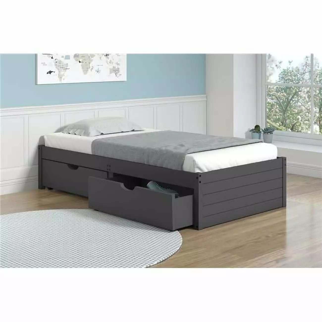 Donco Kids PD-400TDG-505DG Twin Size Footboard Panel Bed Drawers Dark Grey Boys Girls Bedroom