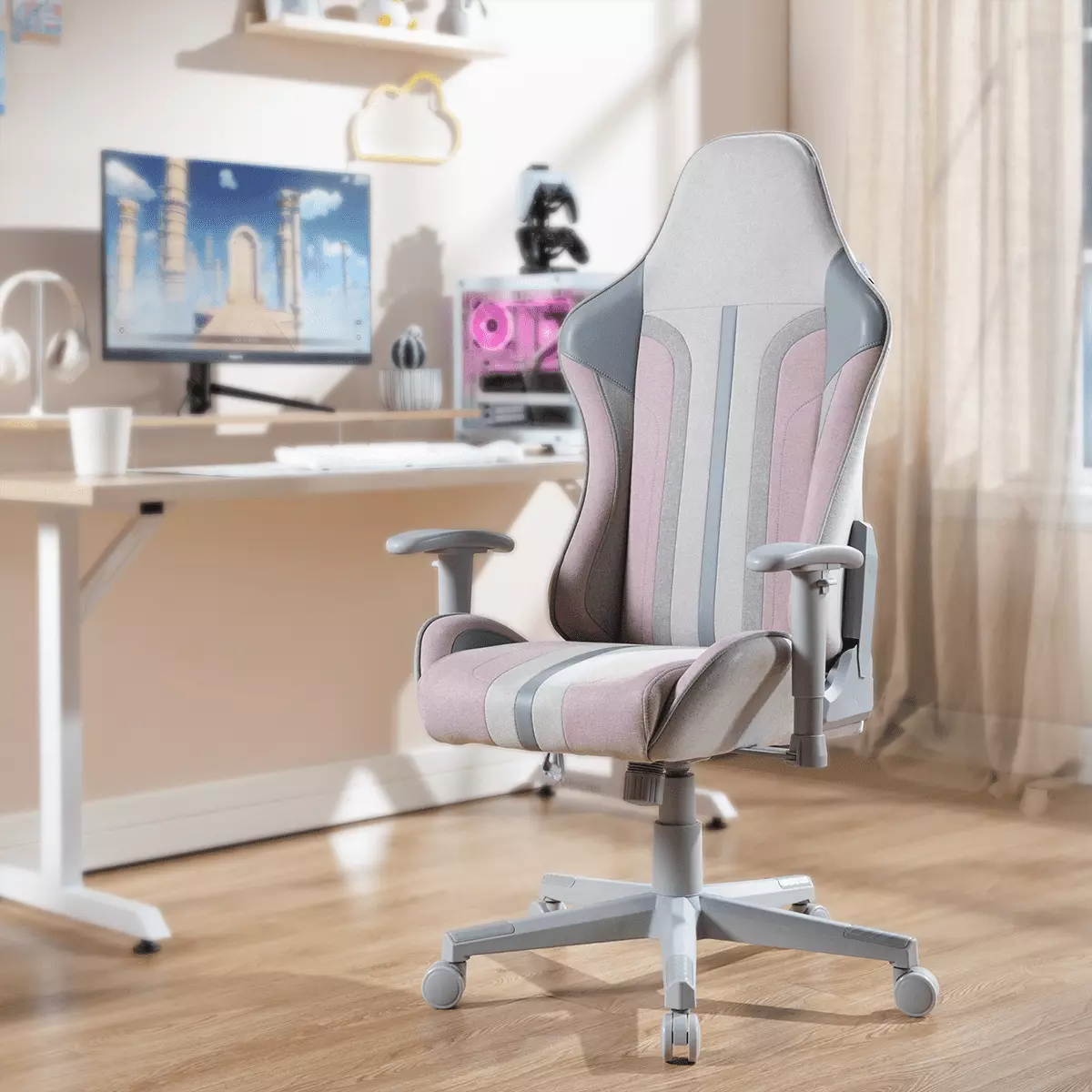 X Rocker Mysa PC Gaming Chair Gray Pink Gray Base 24.4 x 27.2 x 48.4-51.2