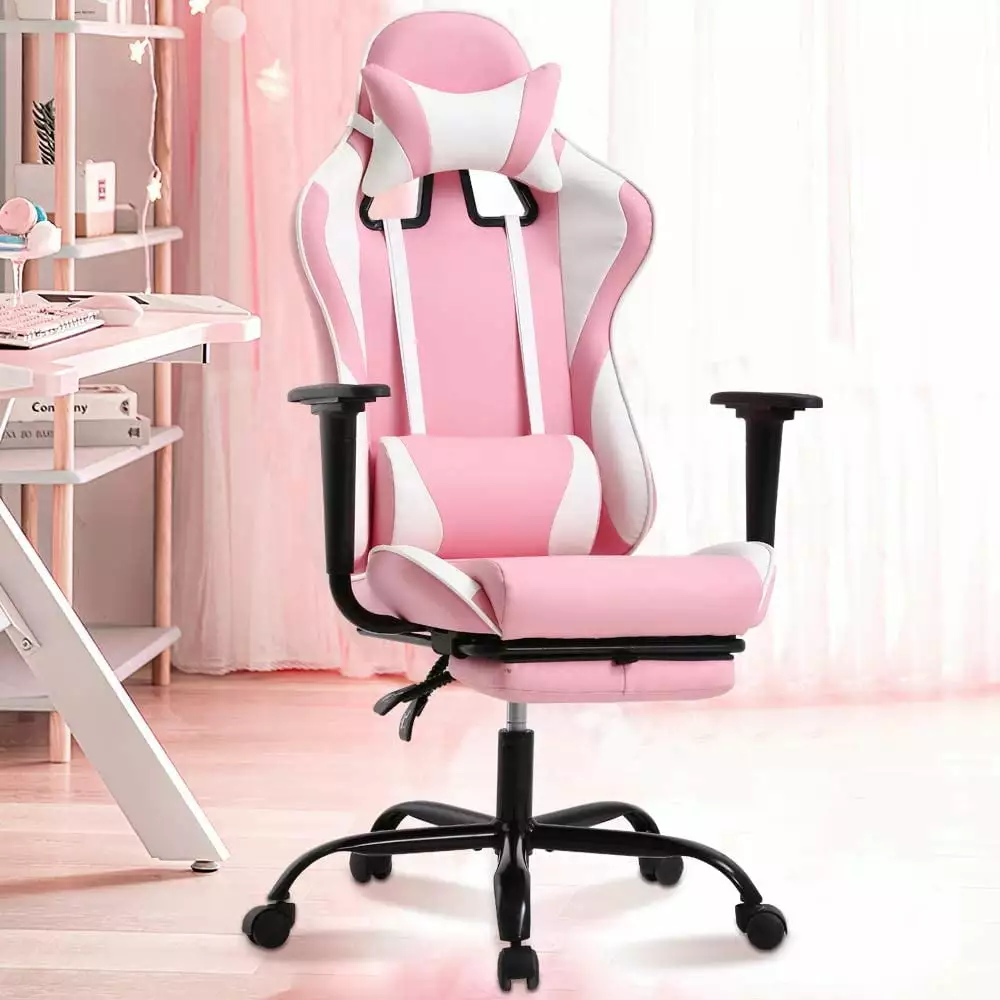Pink Gaming Chair Office Chair Desk Chair Girls High Back Ergonomic PC Racing Chair Lumbar Support Retractable Footrest PU...