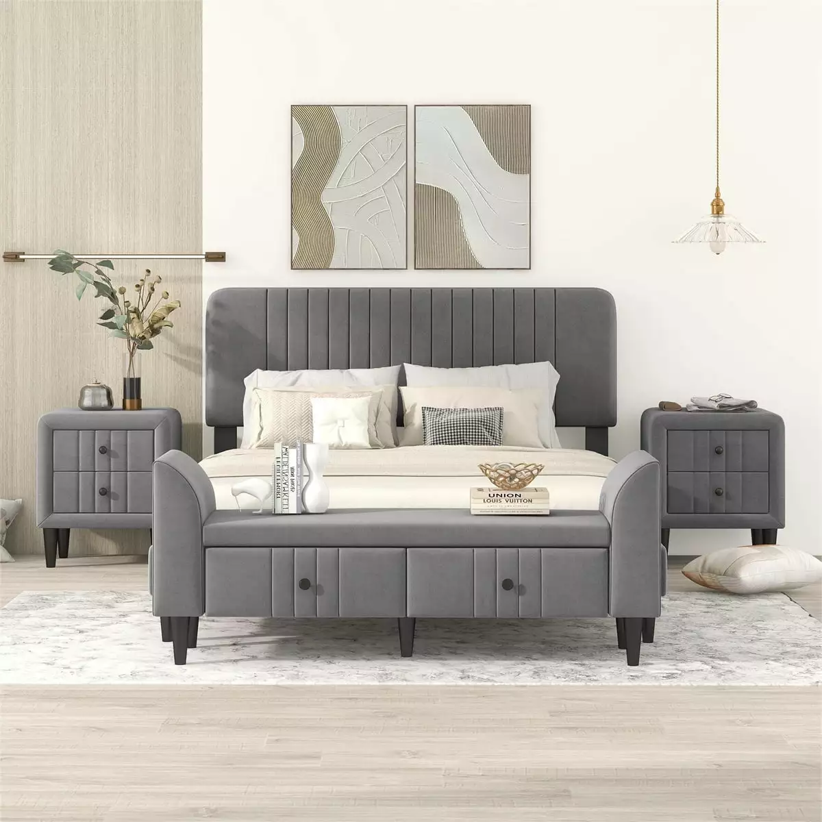 4-Pieces Queen Size Upholstered Platform Bed Set Nightstands and Storage Bench - Gray ARCTICSCORPION