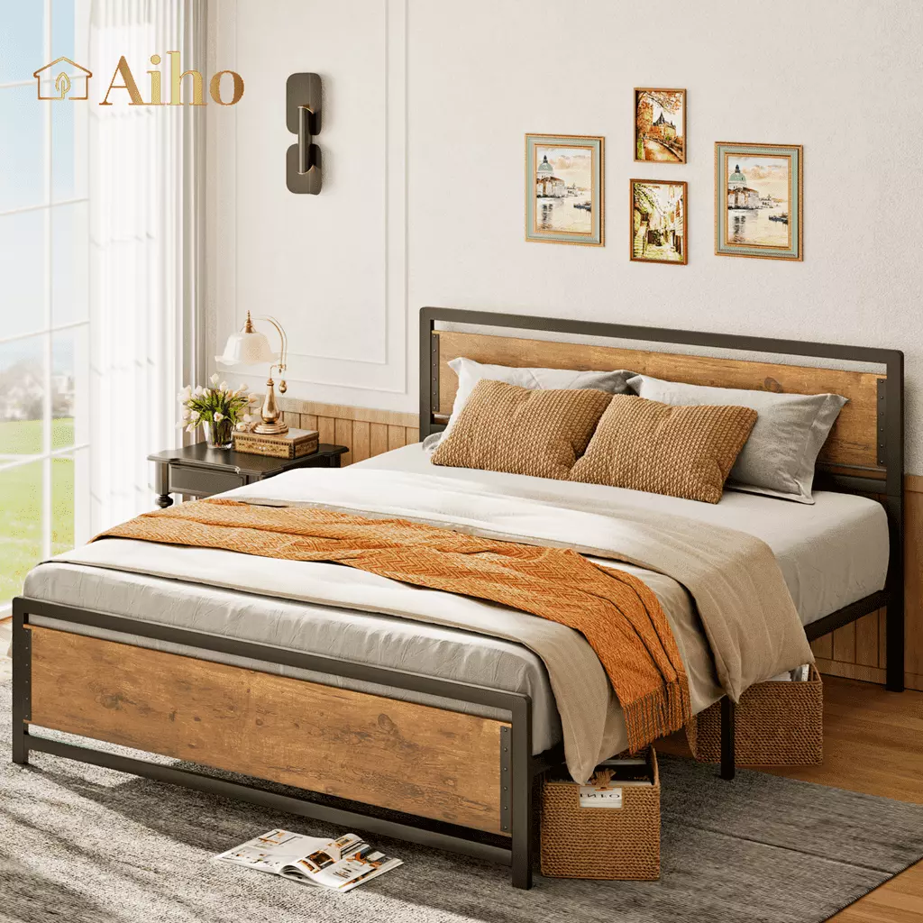 Aiho Queen Size Metal Platform Bed Frame Square Frame Wooden Headboard Footboard Brown