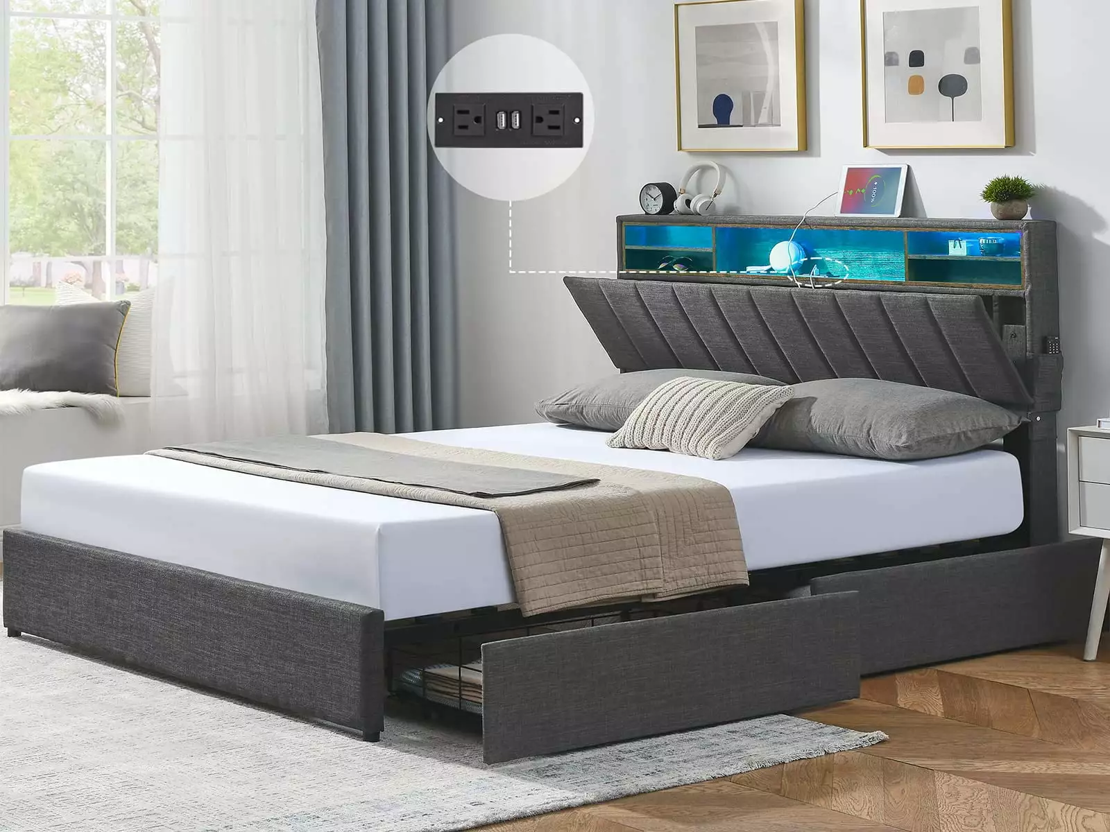 Alohappy Full Size Bed Frame Storage Drawers and LED Headboard - Dark Grey Upholstered Platform Bed